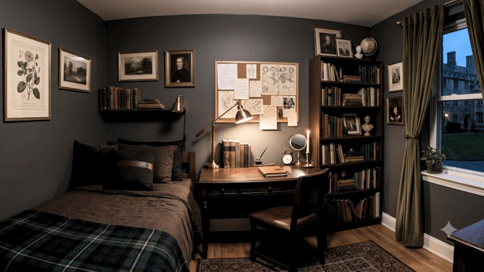 Dark academia dorm room with a single bed, wooden desk, bookshelves, framed art, green curtains, and warm study lighting.