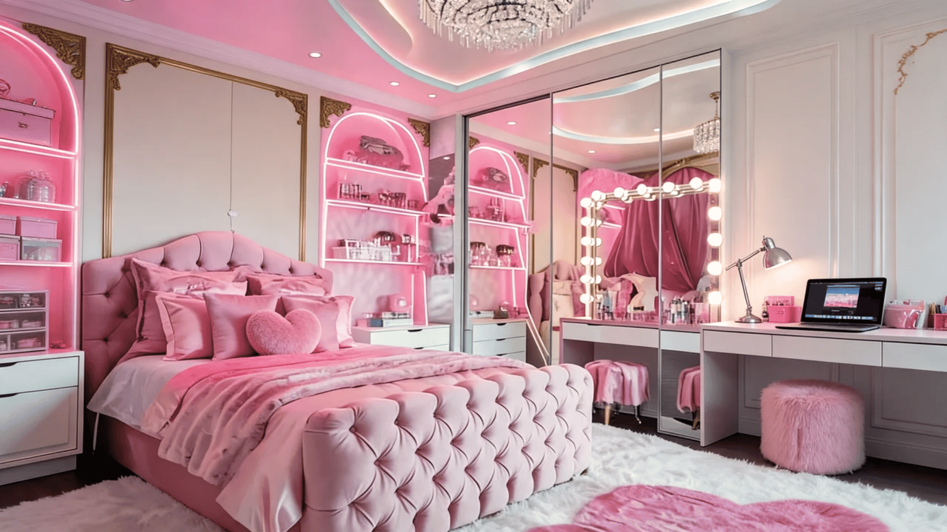 Barbiecore dorm room with bright pink bedding, glossy accessories, metallic accents, and playful decor.