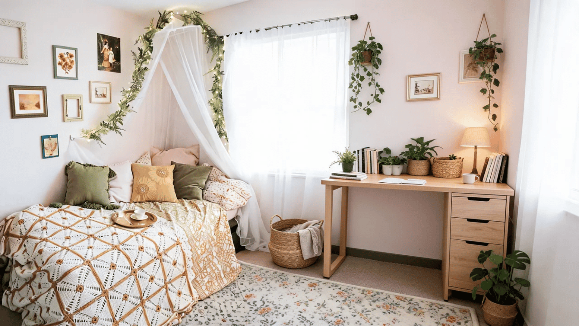 Cottagecore dorm room with floral bedding, plants, light wood furniture, and soft cotton textures.