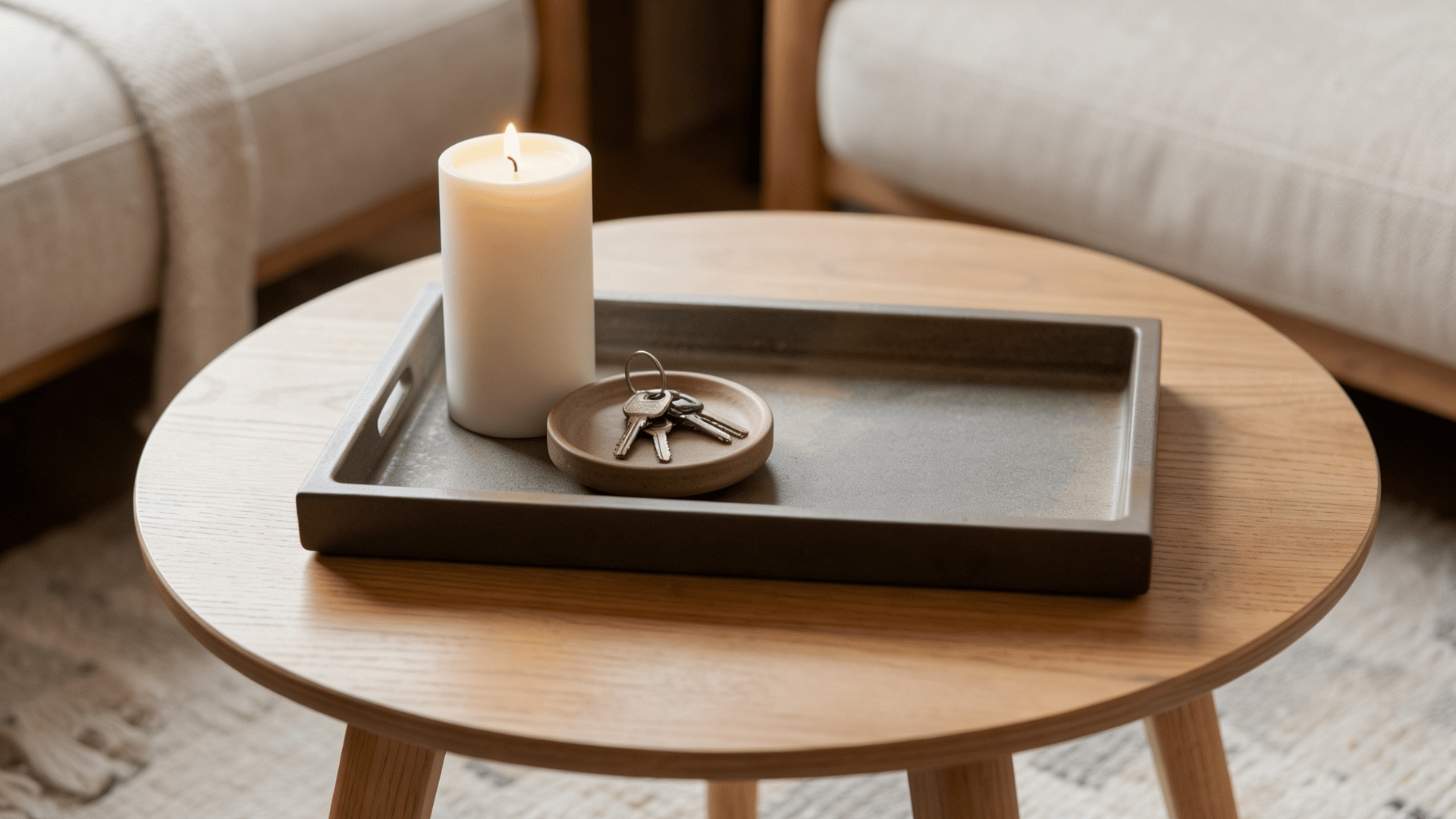 Round wooden table with tray, lit candle, and keys surrounded by chairs in a room