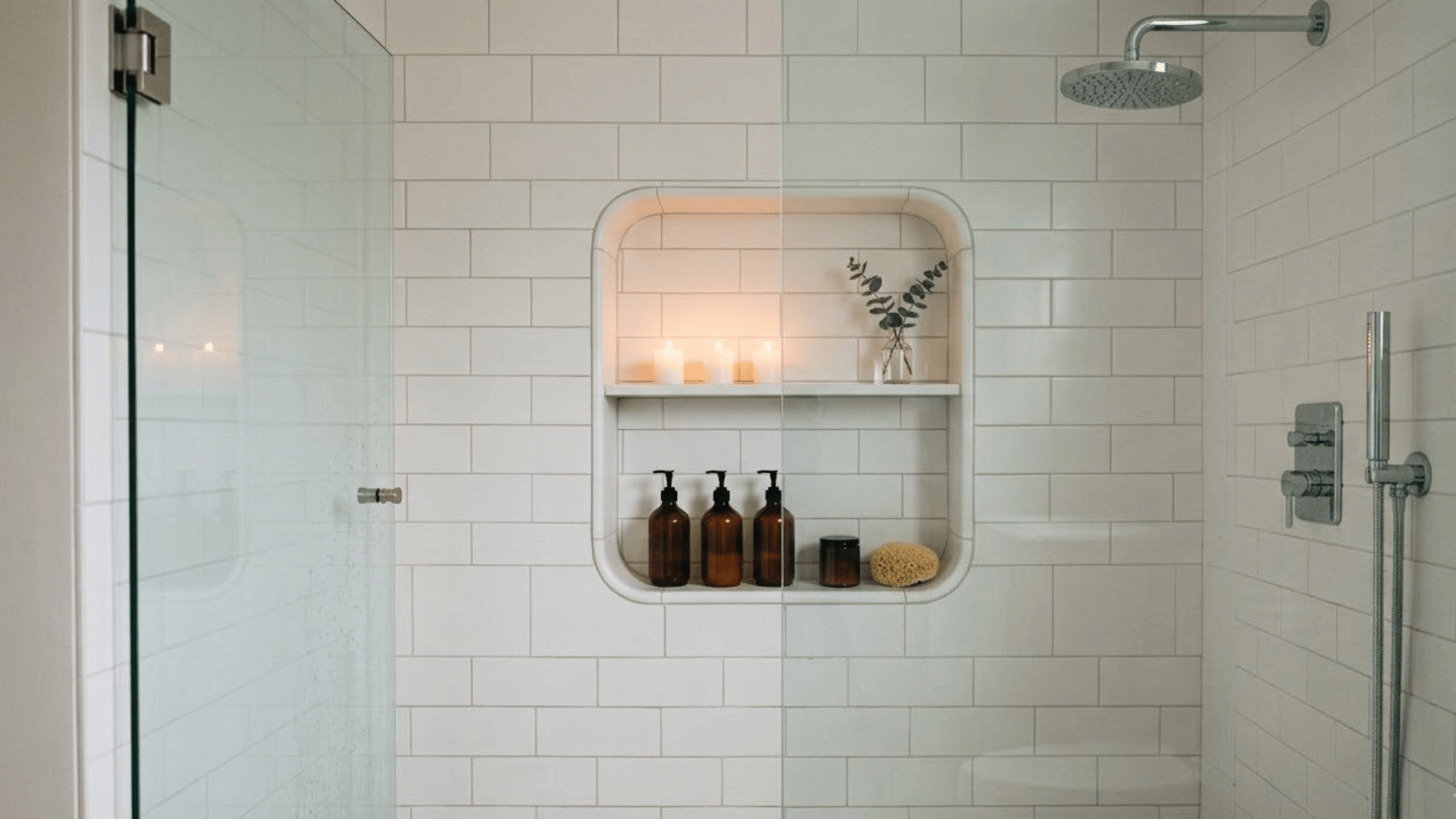 rounded edge shower niche with toiletries and candles inside a modern tiled shower wall