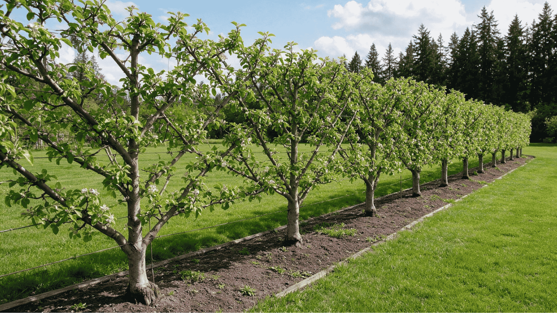 row of espaliered trees with flowering branches trained along wires beside a green lawn and distant evergreens