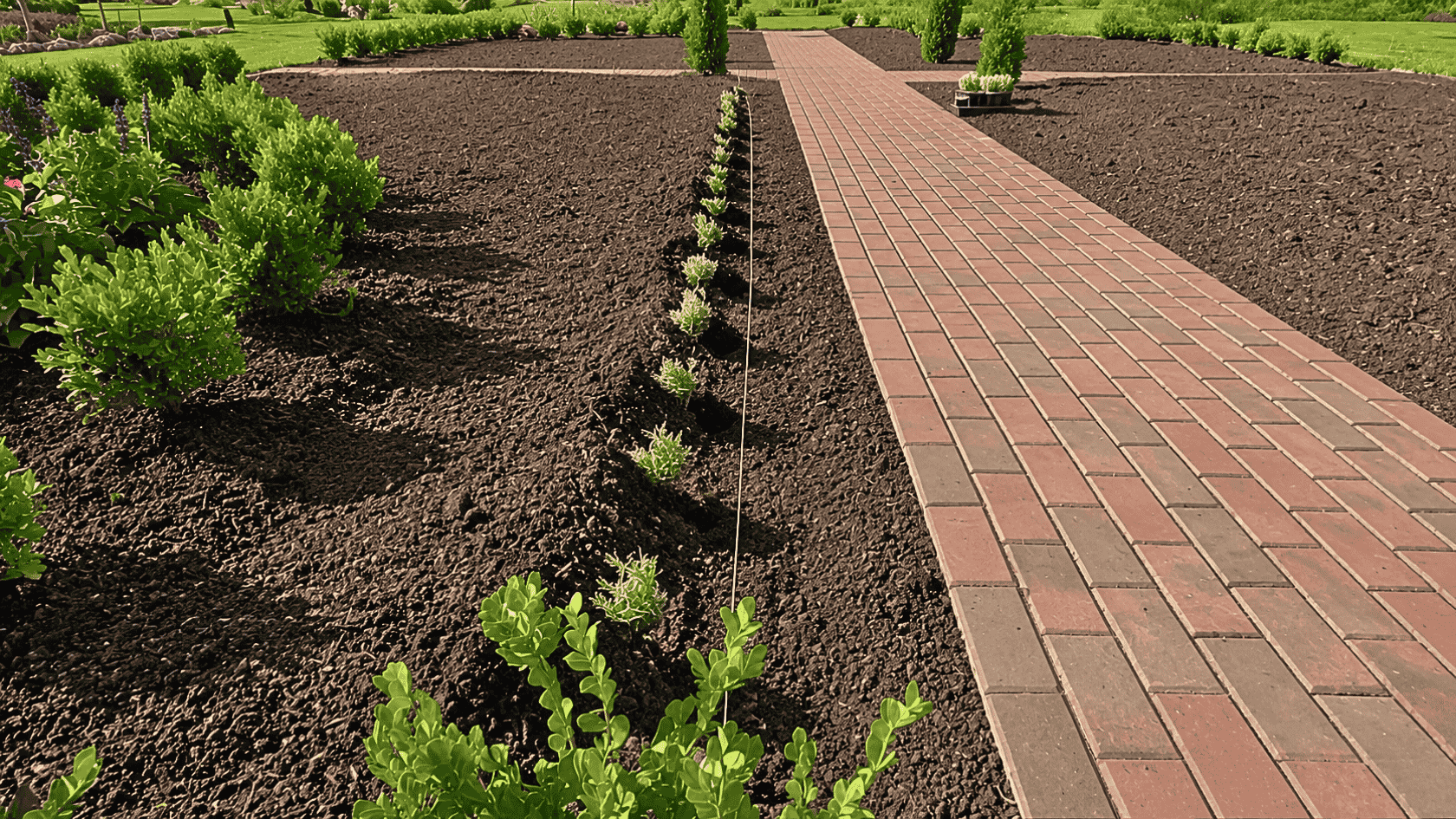 Row of young lavender plants spaced evenly apart in a sunny garden bed after how to plant lavender