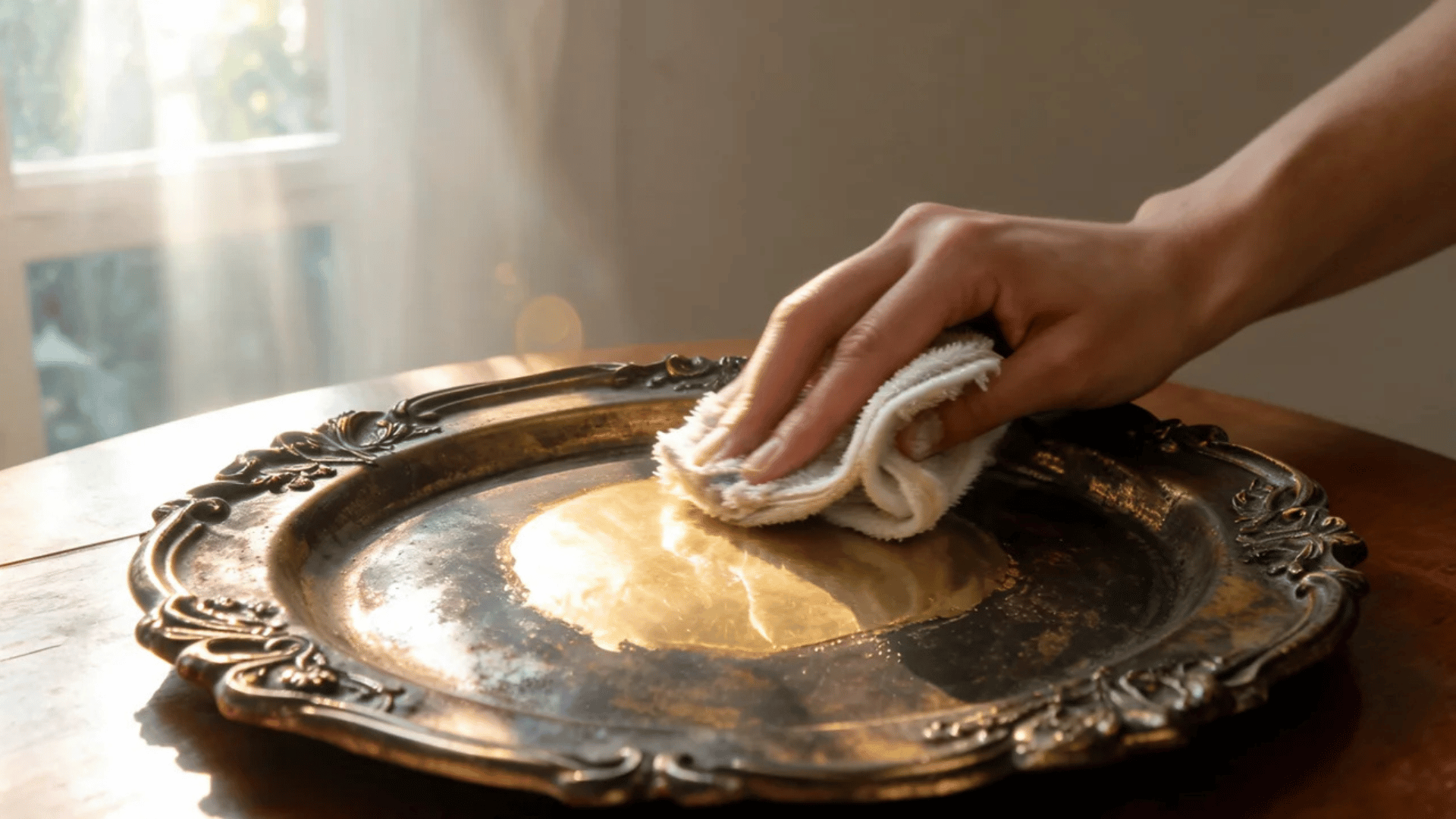 Rubbing brass polish onto a decorative plate using light, gentle circular motions by hand