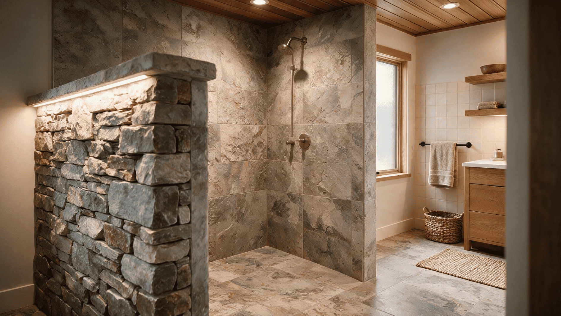 rustic pony wall shower with smaller stacked stone half wall wood ceiling planks and natural wood bench inside the shower zone