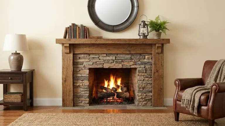 Rustic stone fireplace with reclaimed wood mantel and glowing fire in a warm cozy interior