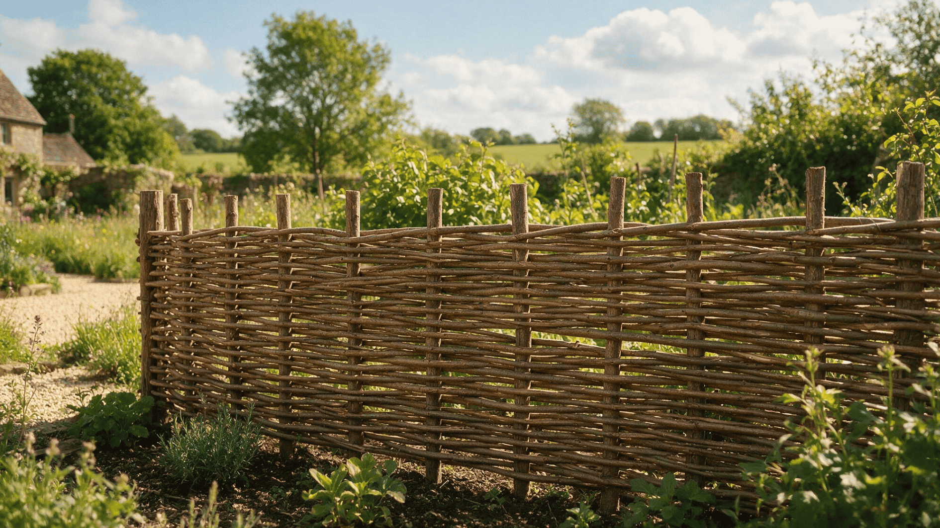 rustic woven wattle fence surrounding a vegetable garden in a sunny countryside landscape with lush greenery and blue sky
