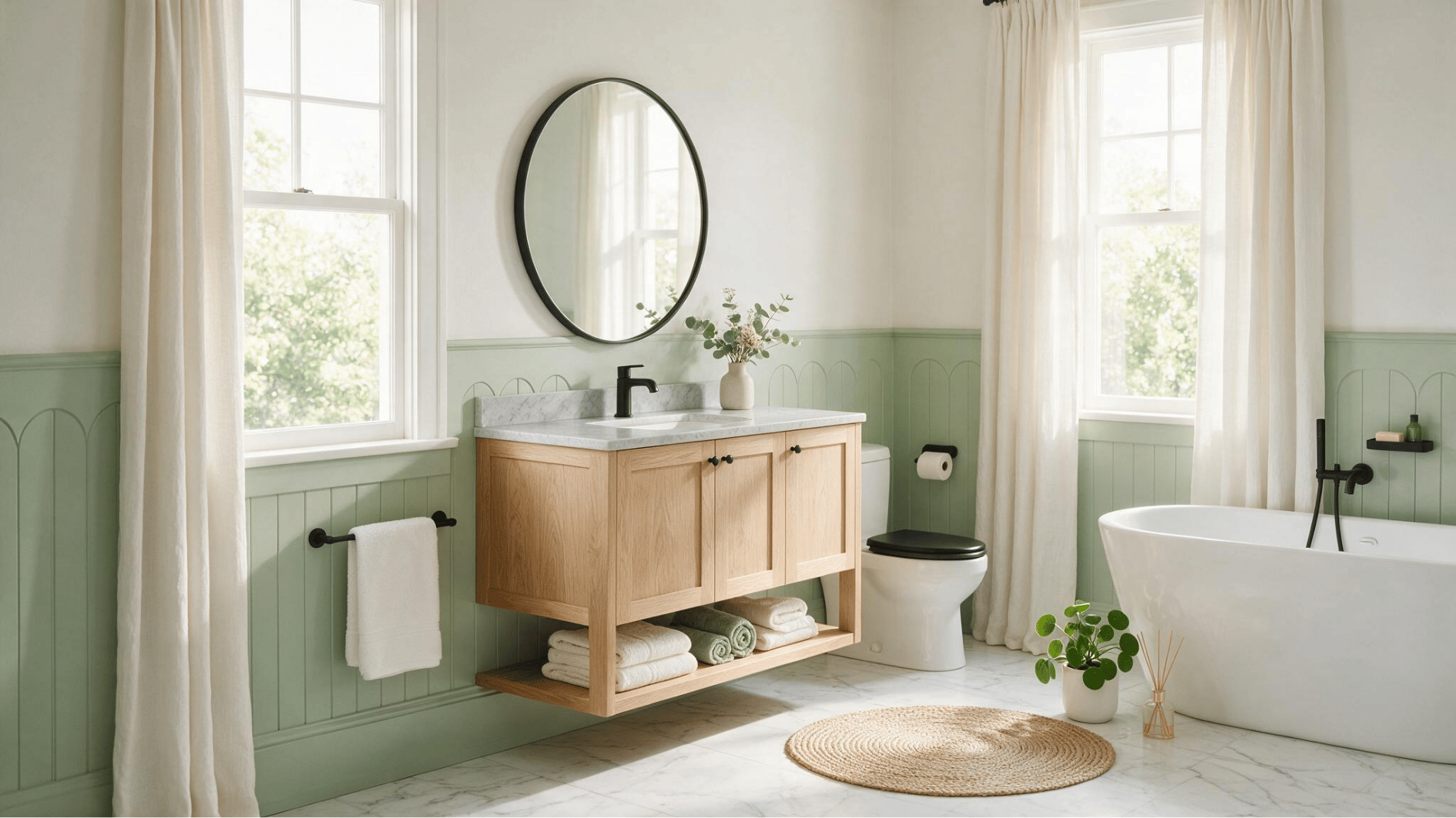 sage green beadboard bathroom with wood vanity freestanding tub black fixtures marble floor and round mirror