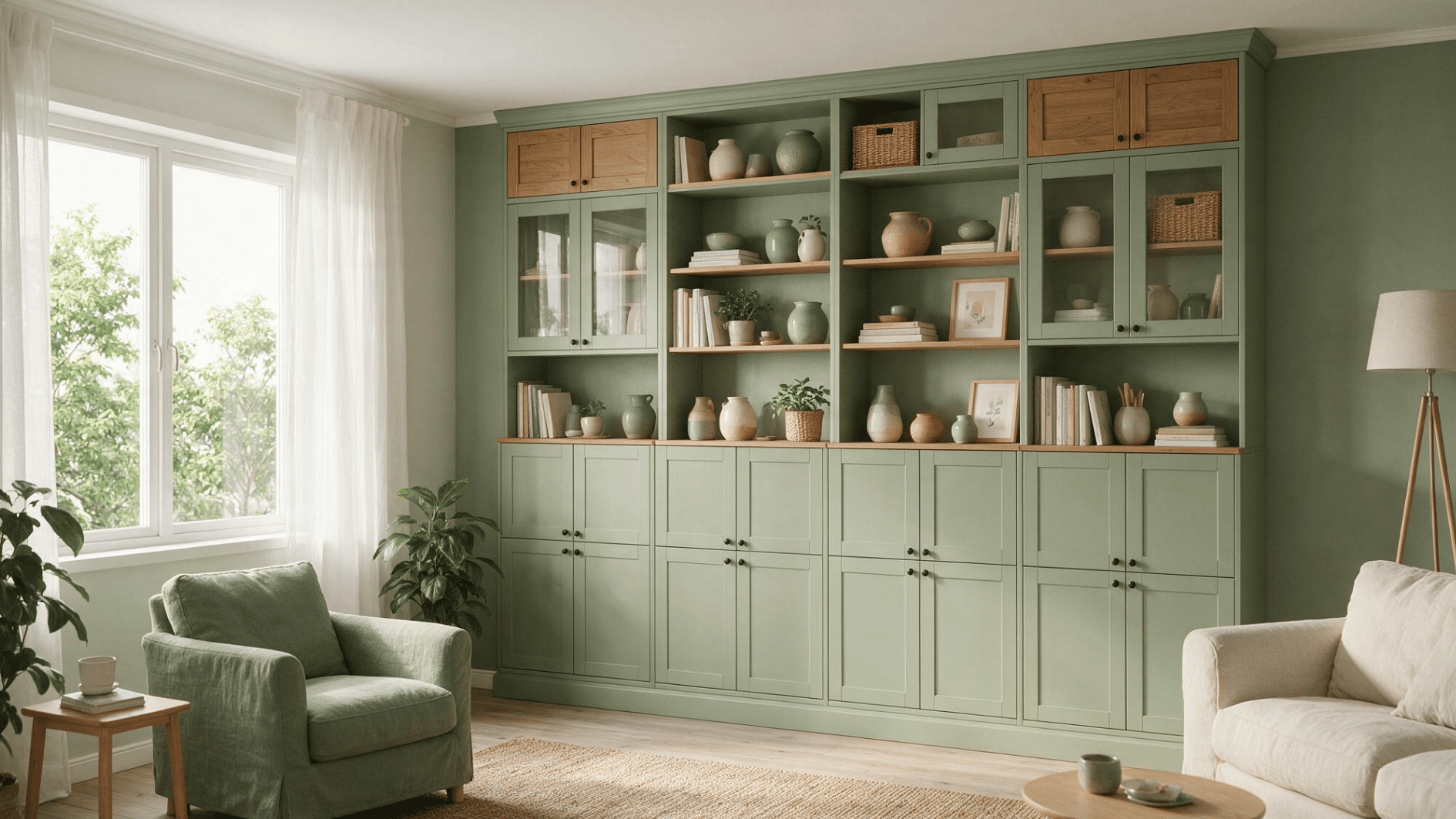 sage green built in display wall with closed cabinets open shelves pottery novels plants and living room decor