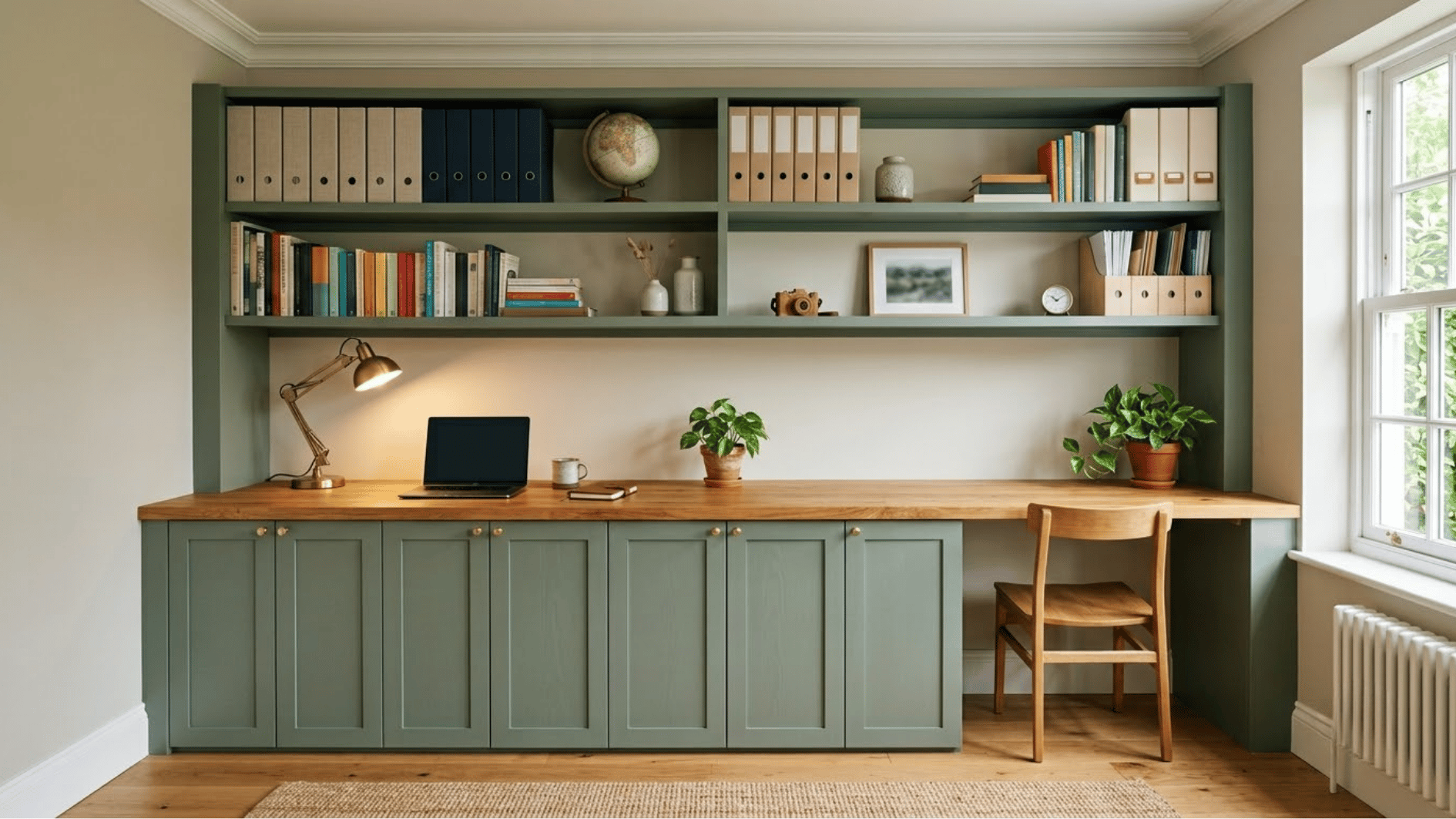 sage green home office wall with closed cabinets open shelves wood table books plants laptop and warm lighting (1)