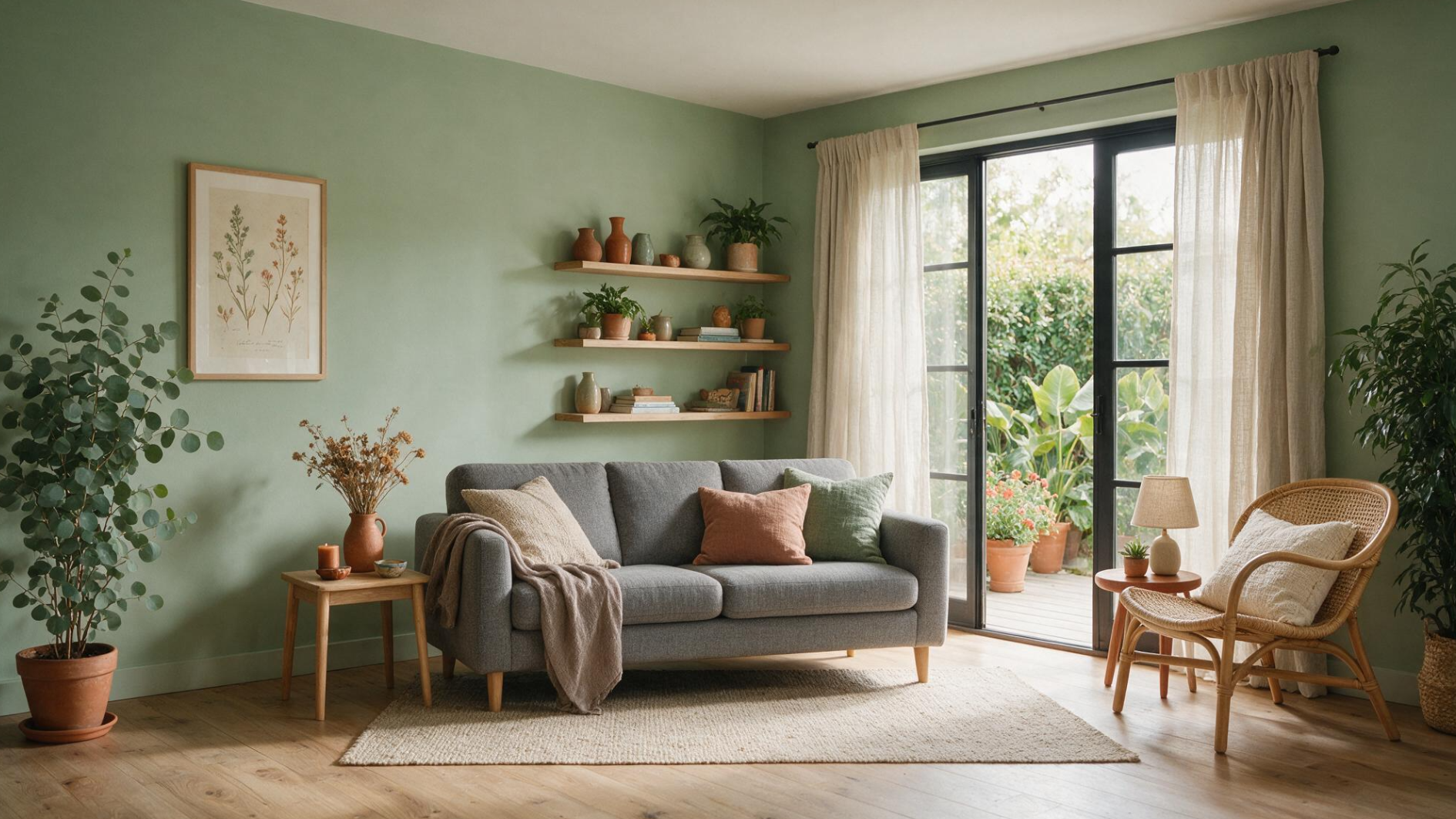 sage green wall with grey sofa and warm earthy living room decor