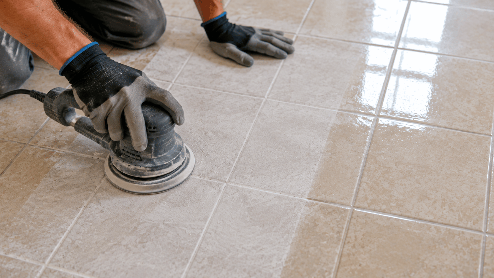 installer sanding a smooth glazed tile floor to create a better bonding surface for new tile