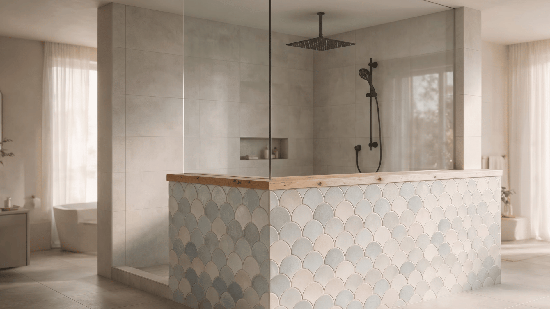 scalloped fish scale tile pony wall shower with modern fixtures and decorative bathroom accent design (2)