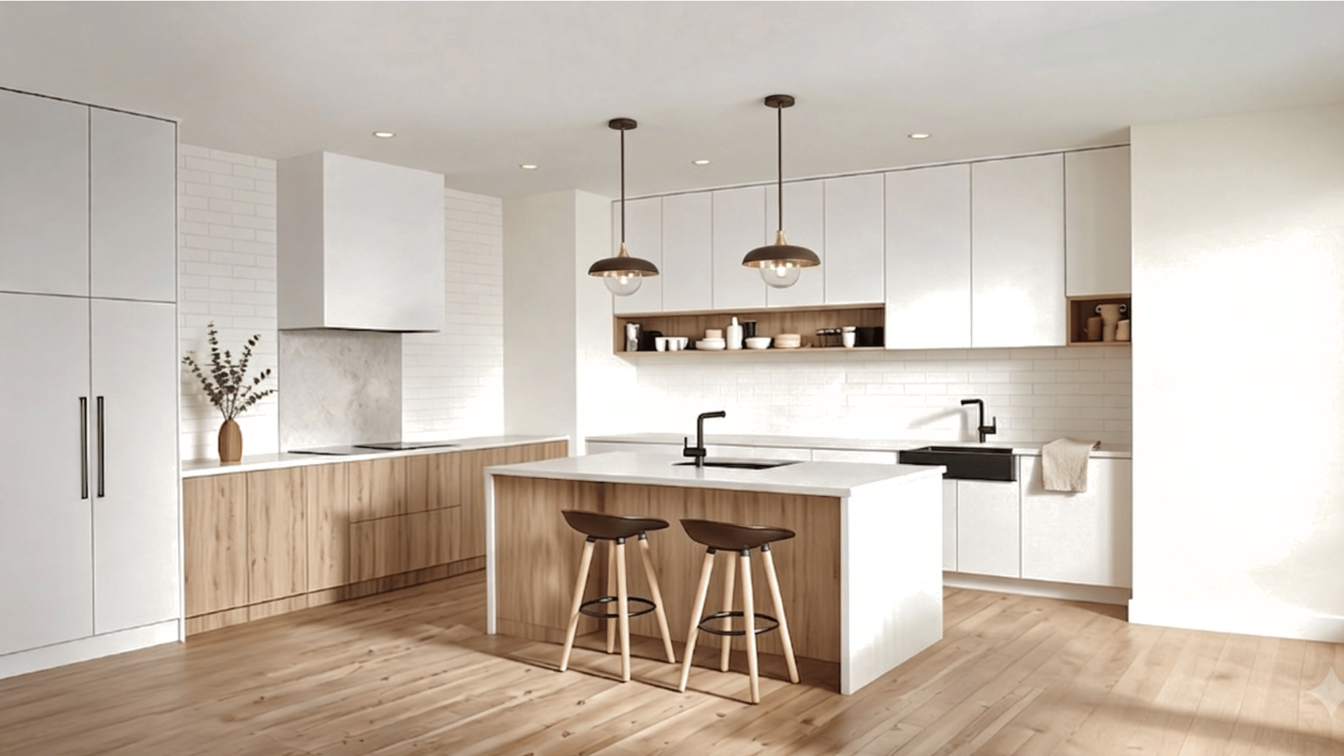 Scandinavian white kitchen with pale wood cabinets, simple hardware, island seating, and natural daylight.