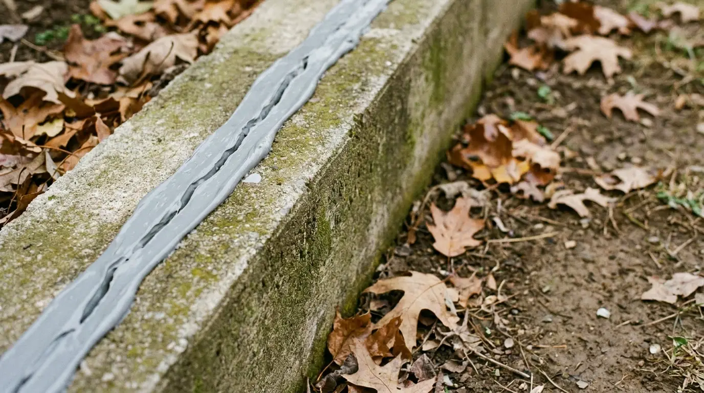 Concrete block with gray sealant surrounded by fallen autumn leaves in outdoor setting