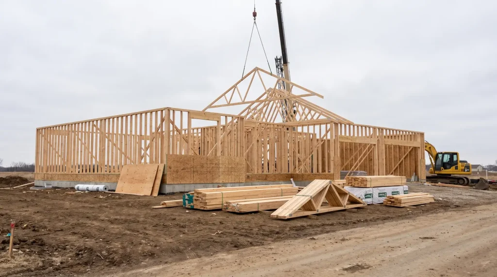 Partially framed house with exposed wall studs and roof trusses under construction