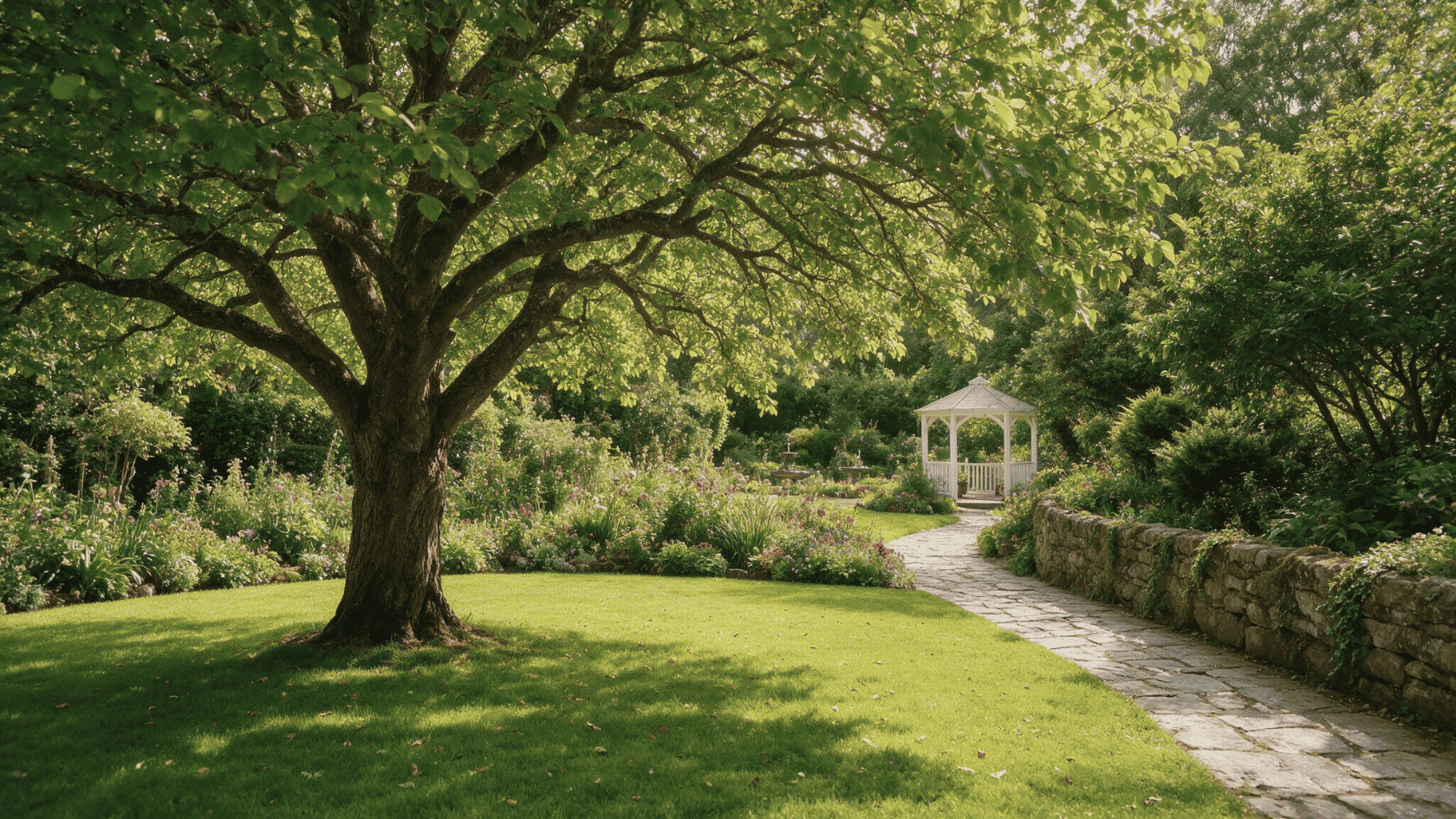 Shaded garden meditation area with a large tree, stone path, gazebo, and lush greenery.