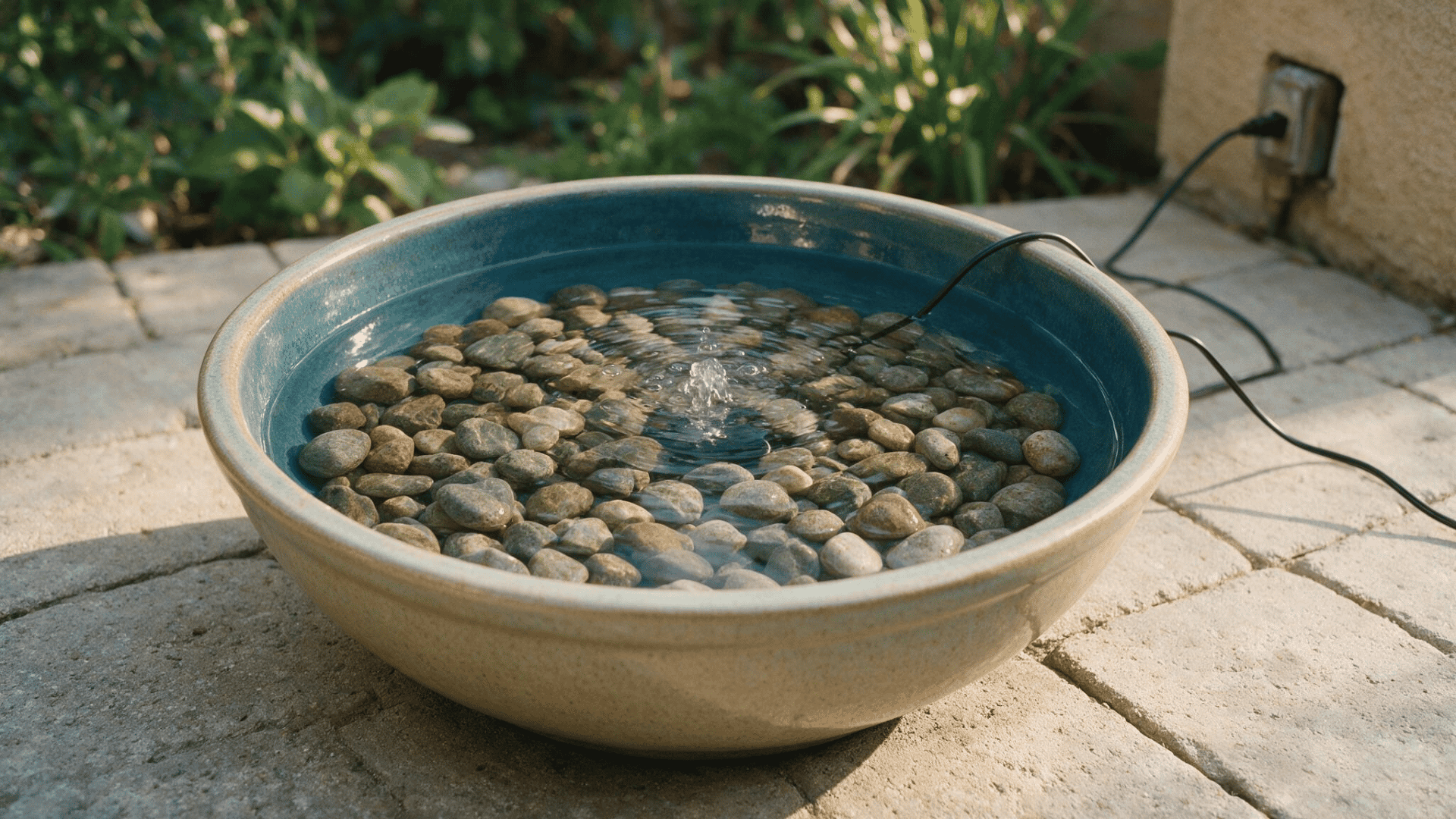 shallow ceramic bowl fountain with river stones and a small bubbling pump on a sunlit patio outdoors (1)