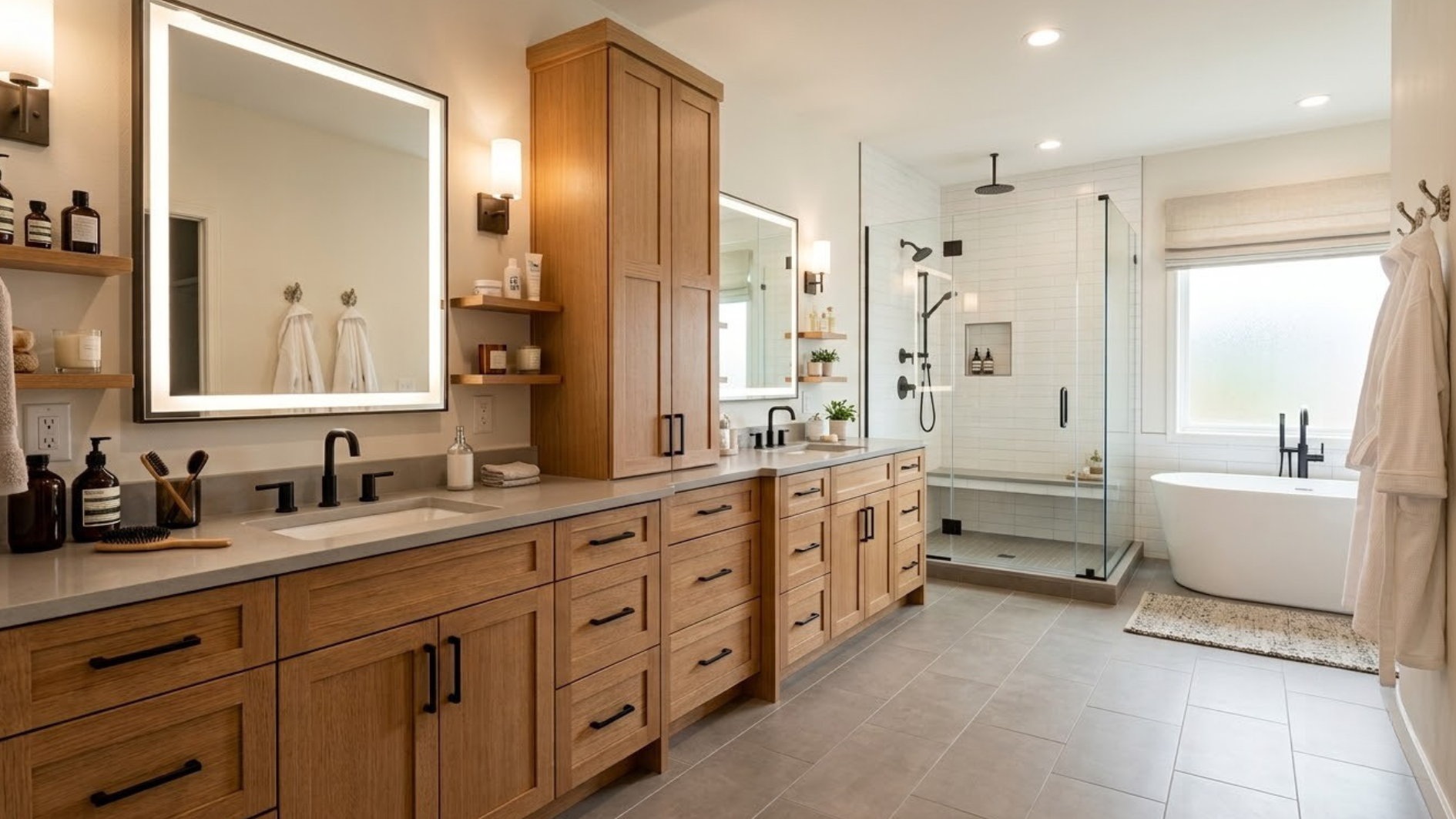 shared bathroom with long oak vanity glass shower freestanding tub bright window and practical storage details