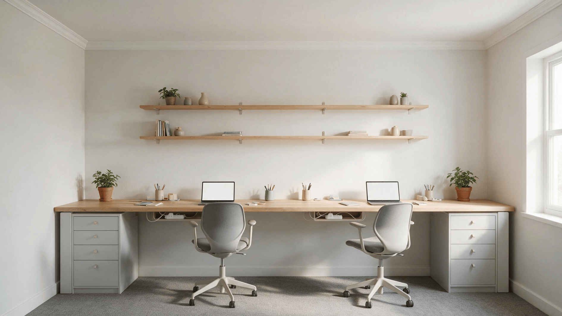 shared home office has a long wood desk drawer units two chairs laptops shelves plants and bright daylight sun