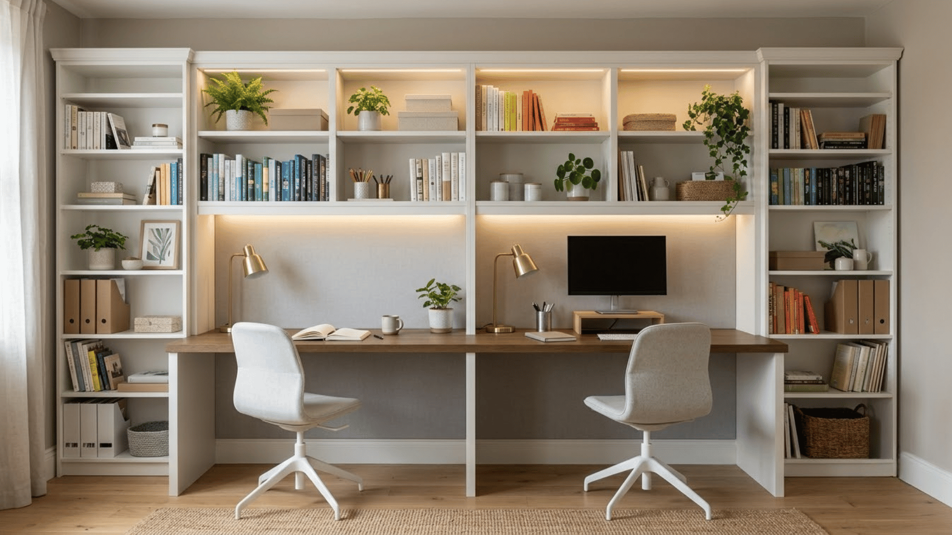 shared study wall with white bookcases two desks soft lighting books plants and matching office seating nearby (1)