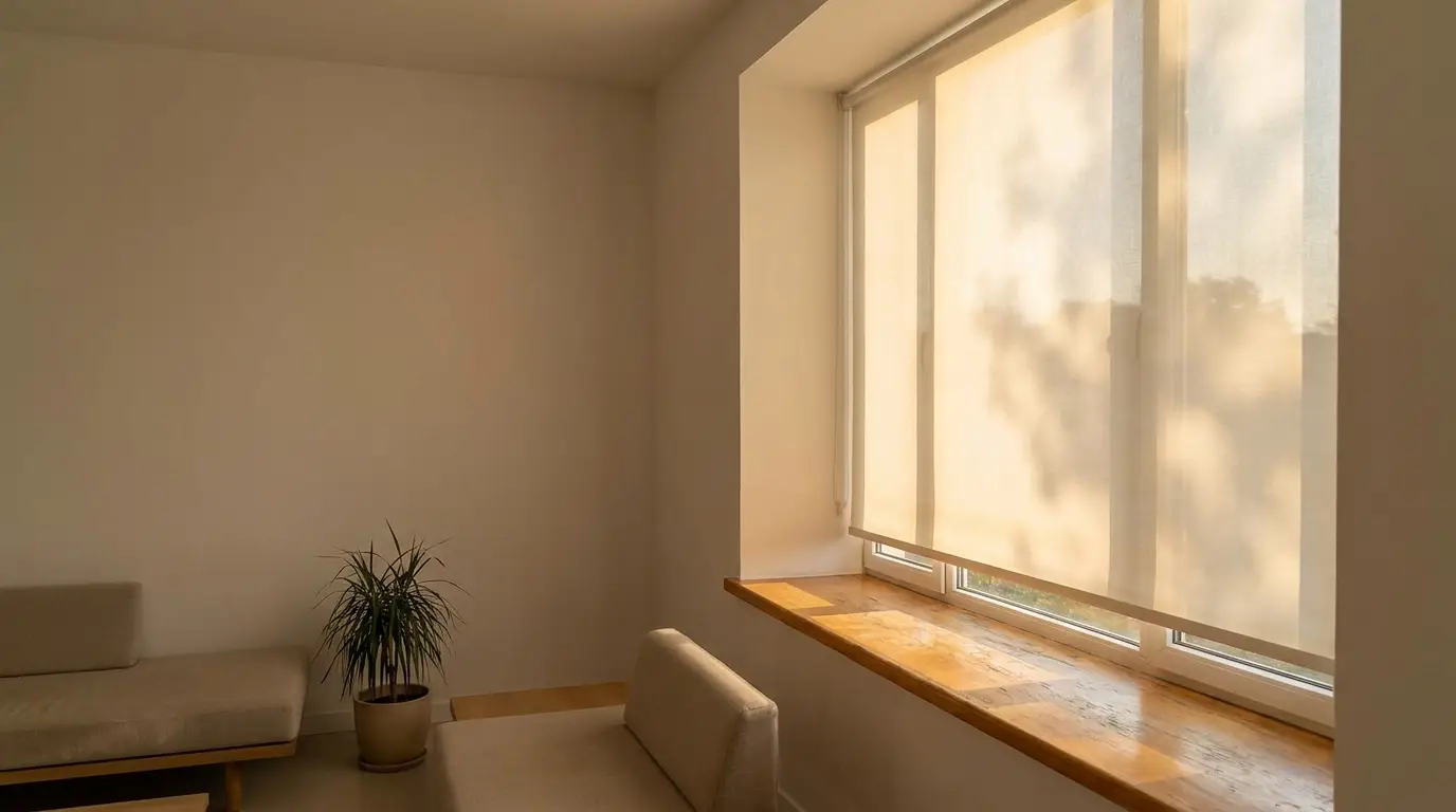 Minimalist living room with neutral sofa, potted plant, and sunlight through sheer curtains