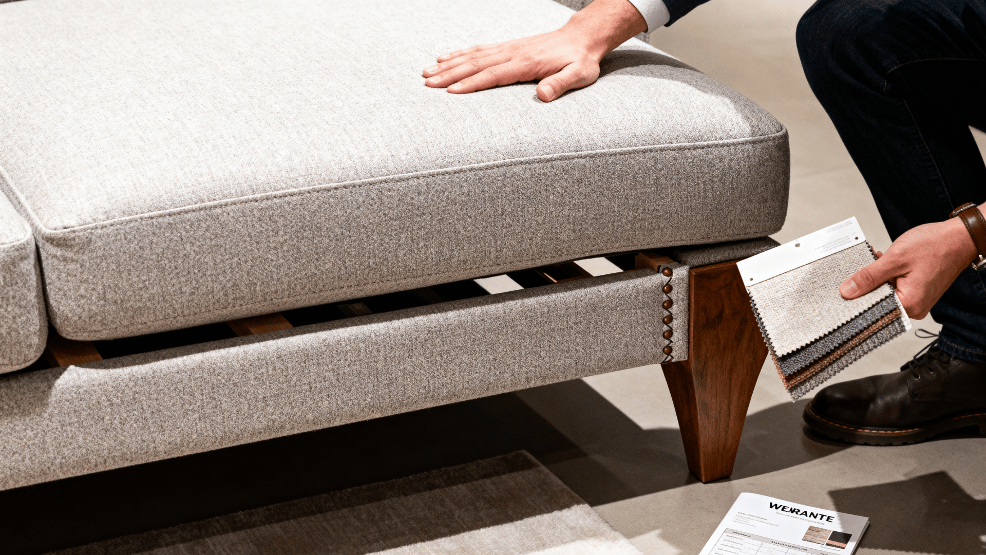 shopper presses sofa cushion while holding fabric swatches beside an exposed wooden frame in a furniture store