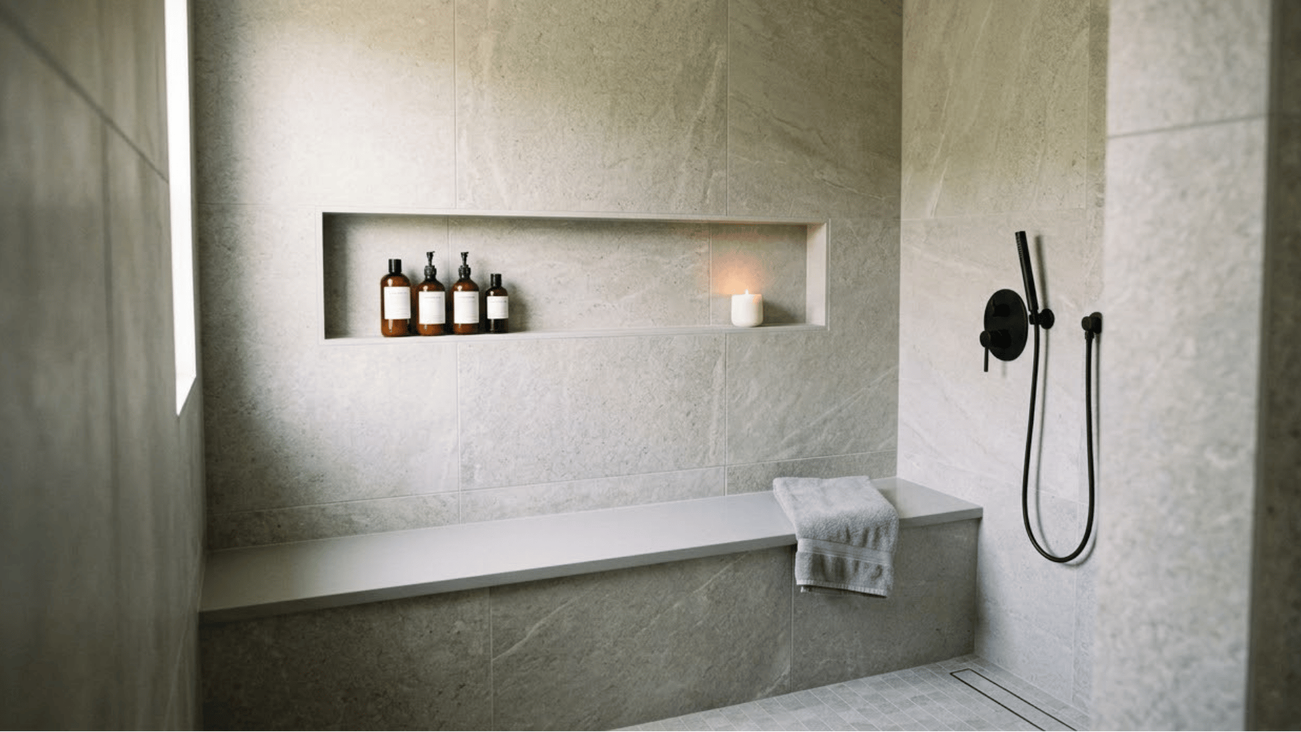 shower niche above built-in bench with toiletries and candles inside a modern open shower wall (1)