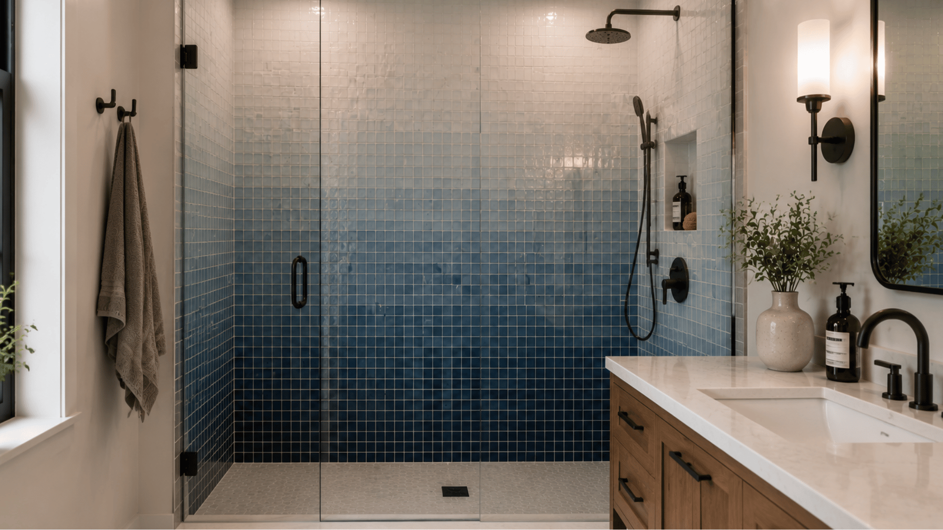 shower wall with ombre tile pattern changing from dark to light