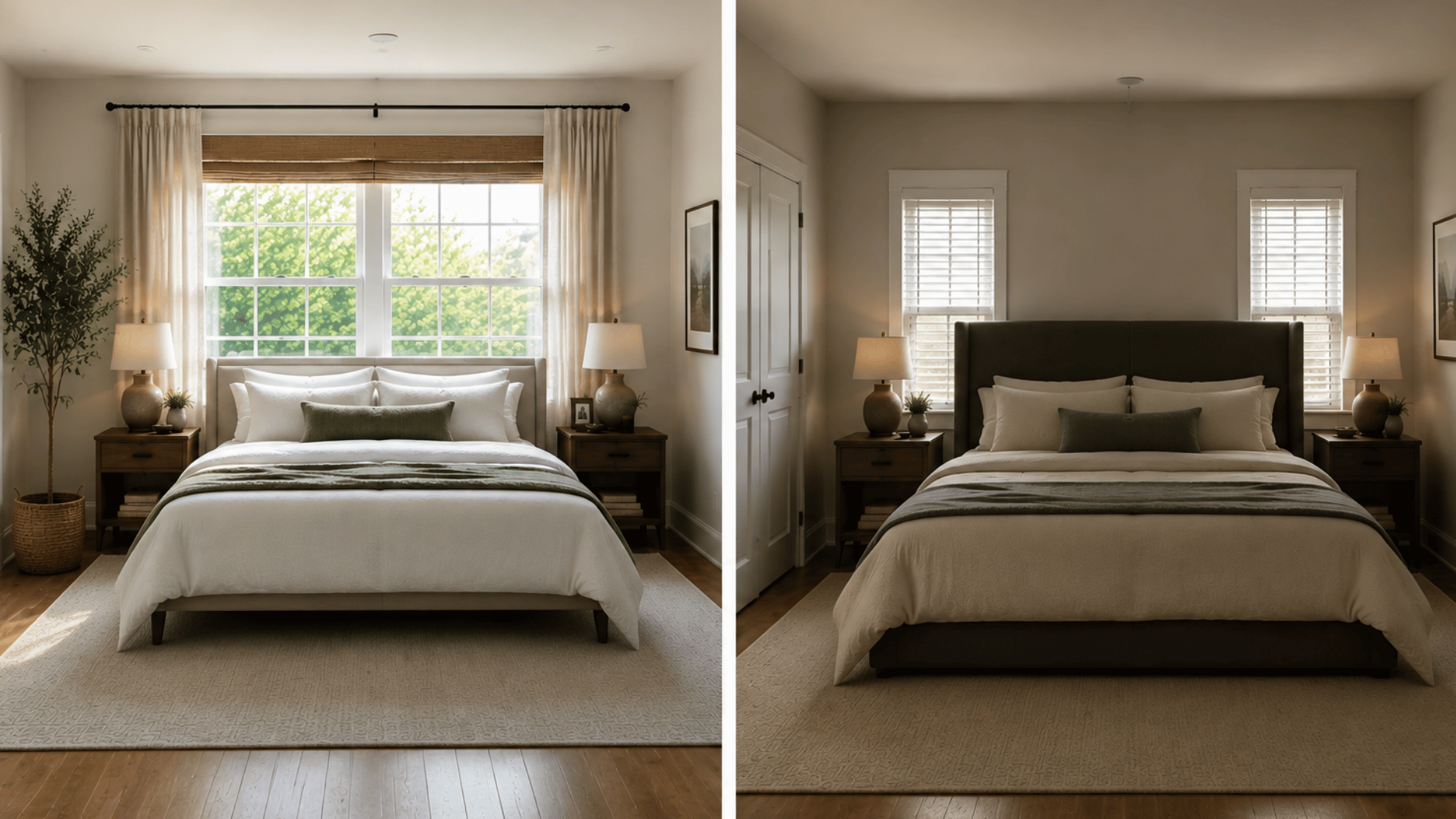 side-by-side bedrooms showing a bright balanced bed and a darker setup with the headboard blocking window light