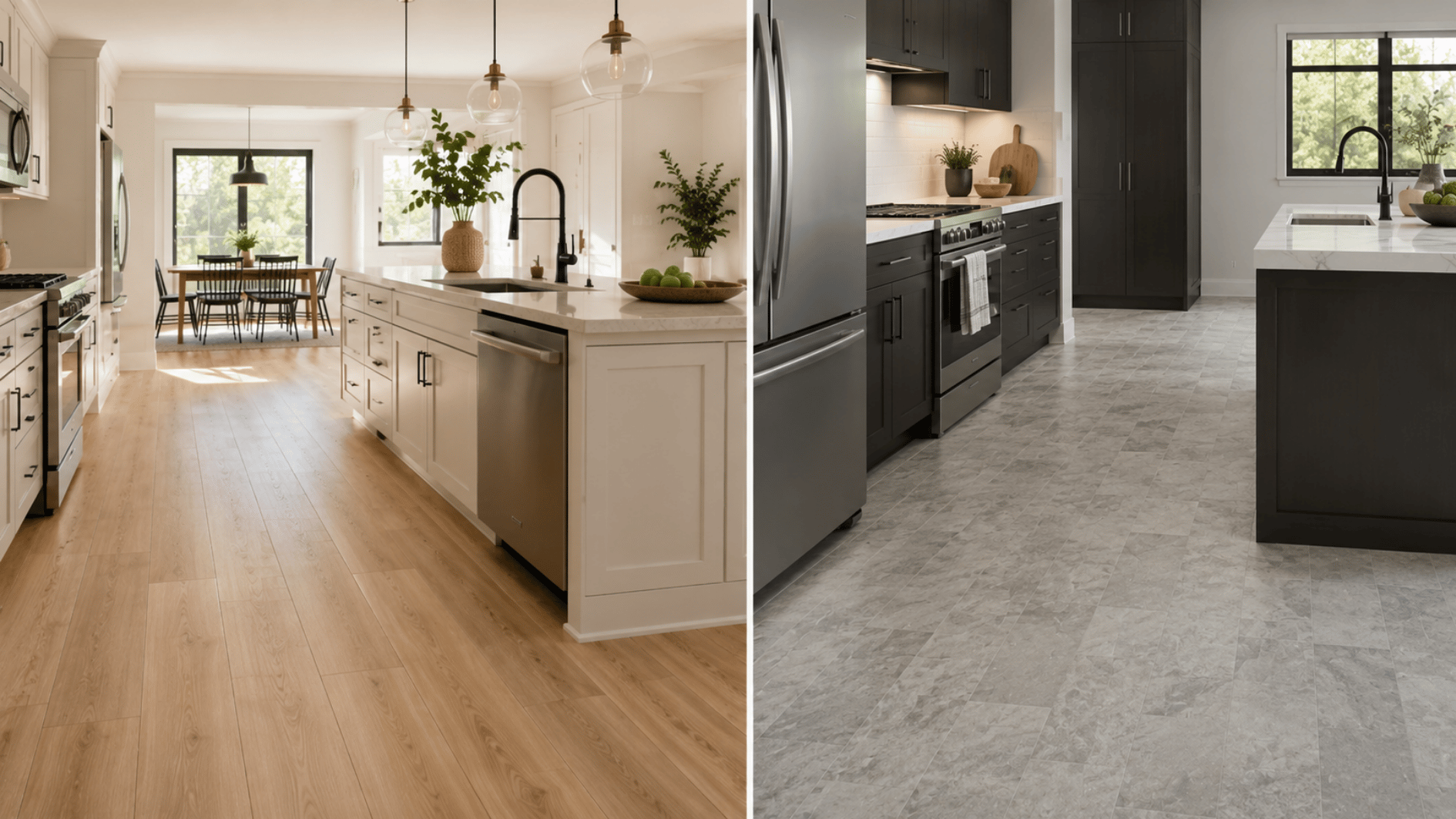 side by side kitchens showing warm wood laminate flooring and gray stone look vinyl flooring designs