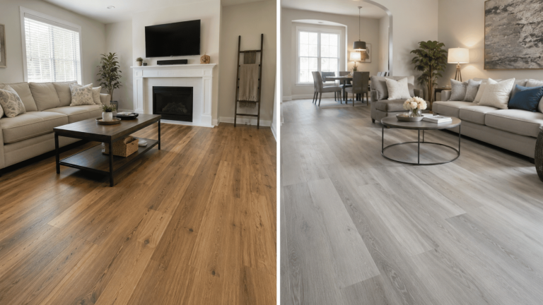 side by side living rooms showing warm laminate flooring and gray vinyl flooring in modern interiors