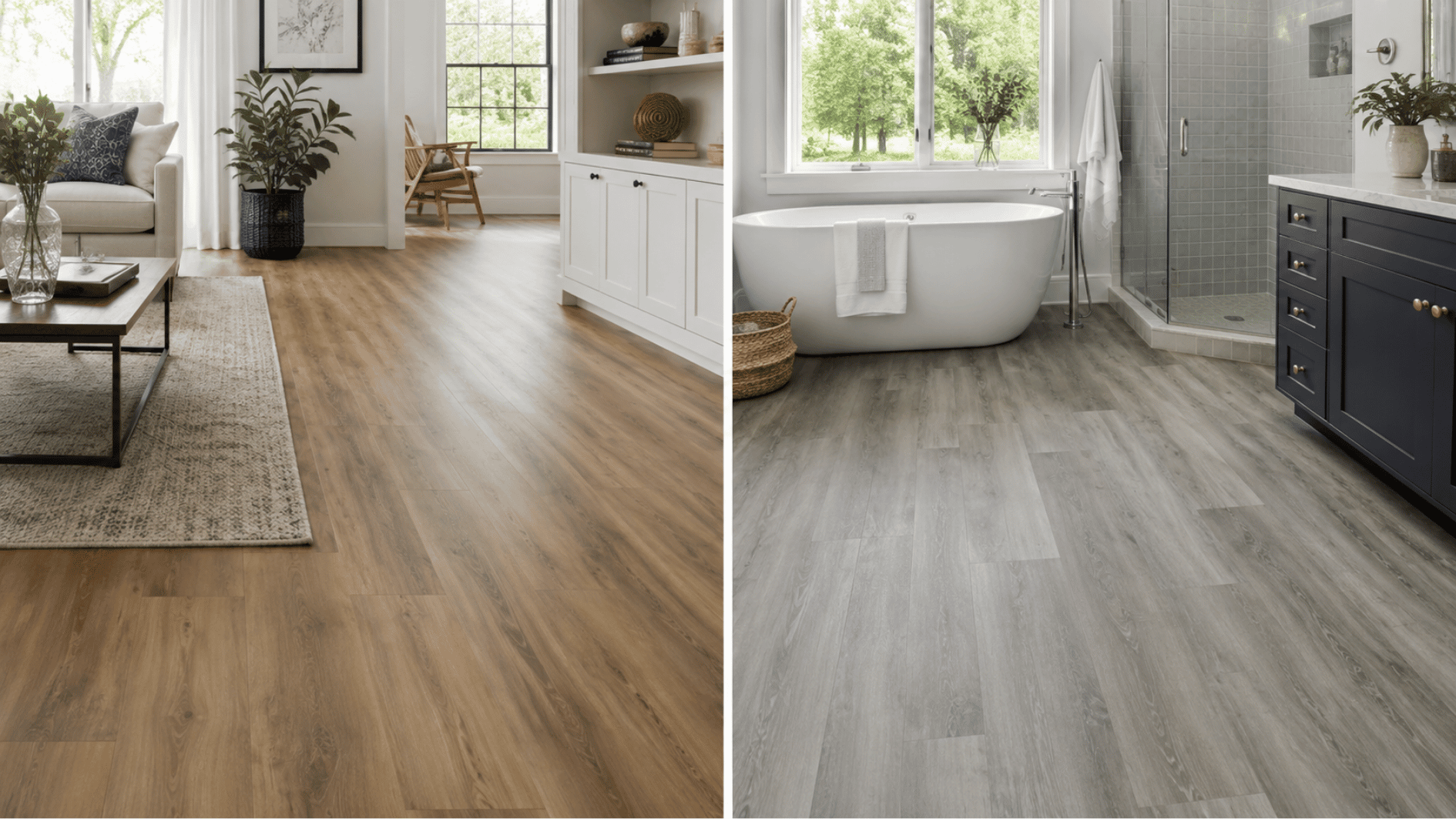 side by side rooms showing warm laminate flooring and gray vinyl flooring in bright modern interiors
