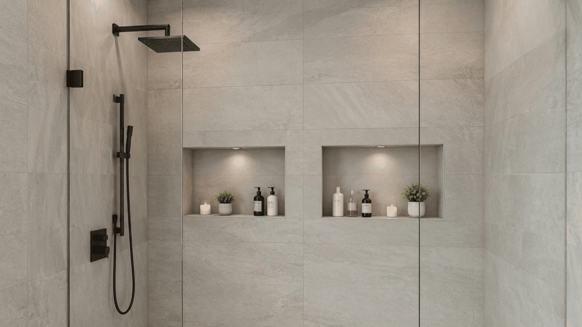side-by-side shower niches with toiletries and candles on a wide modern tiled shower wall