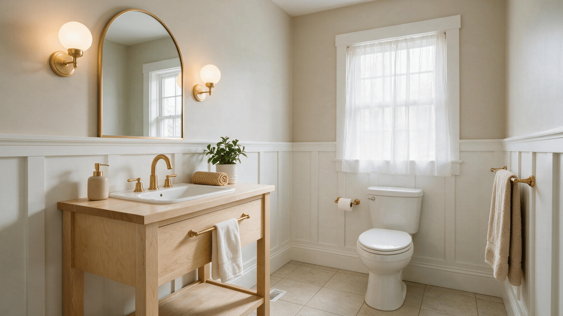 simple bathroom with white beadboard walls light wood vanity brass fixtures and bright window with soft curtains