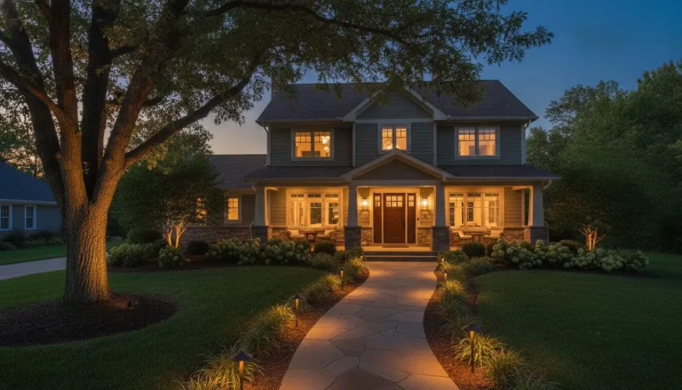 Colonial-style house with warm exterior lighting and a stone path at dusk