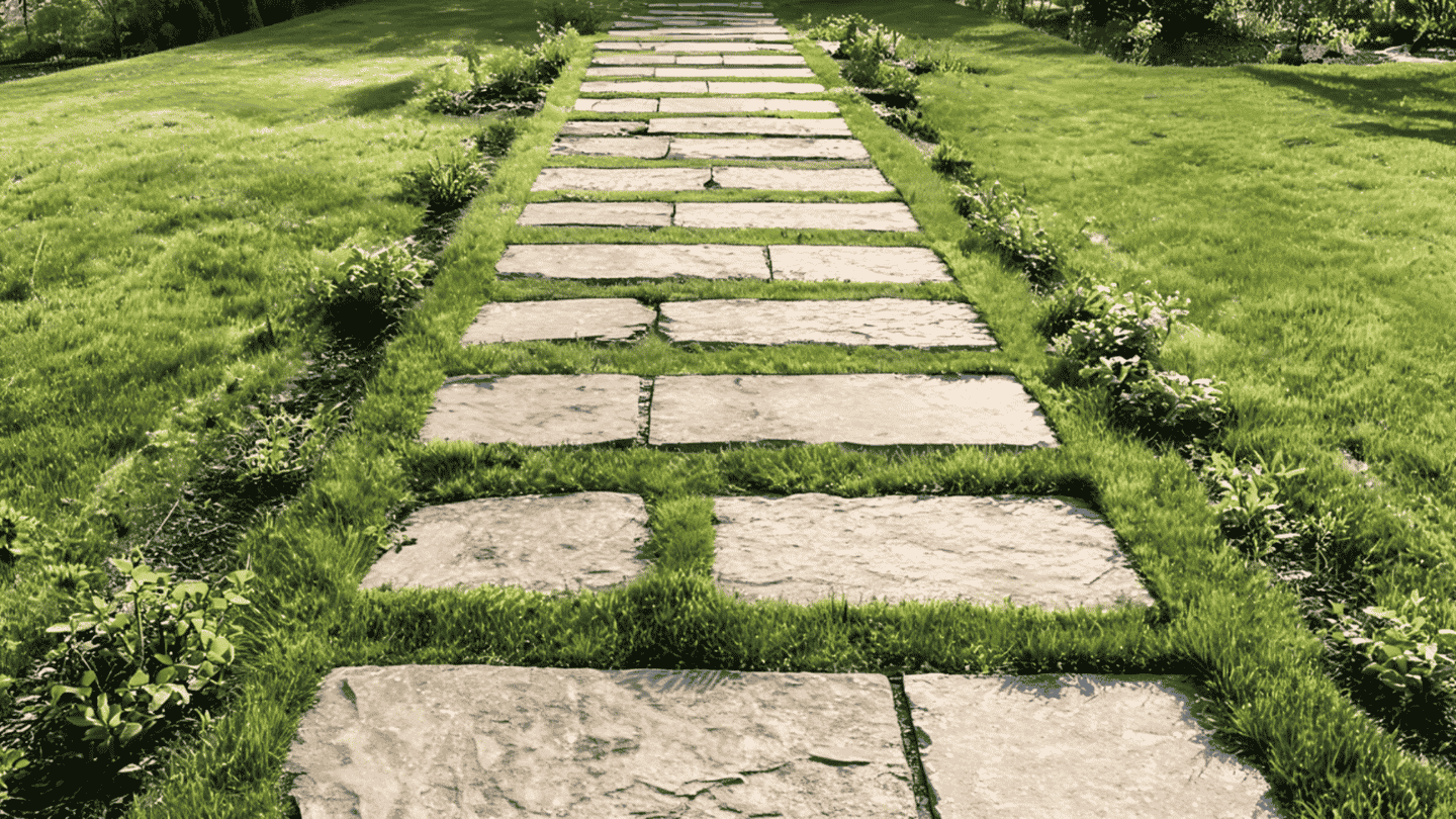 Simple stone trail through a backyard with grass and garden areas around the path.