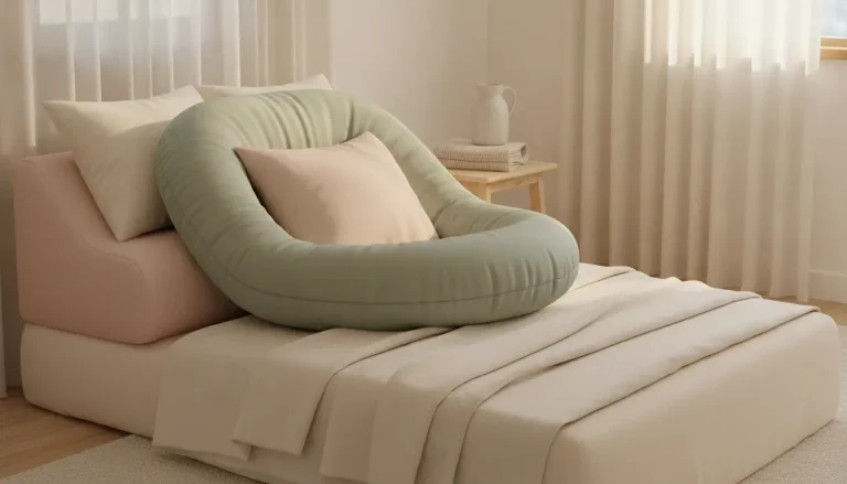 Beige daybed with green cushion and pink pillow in sunlit room with sheer curtains