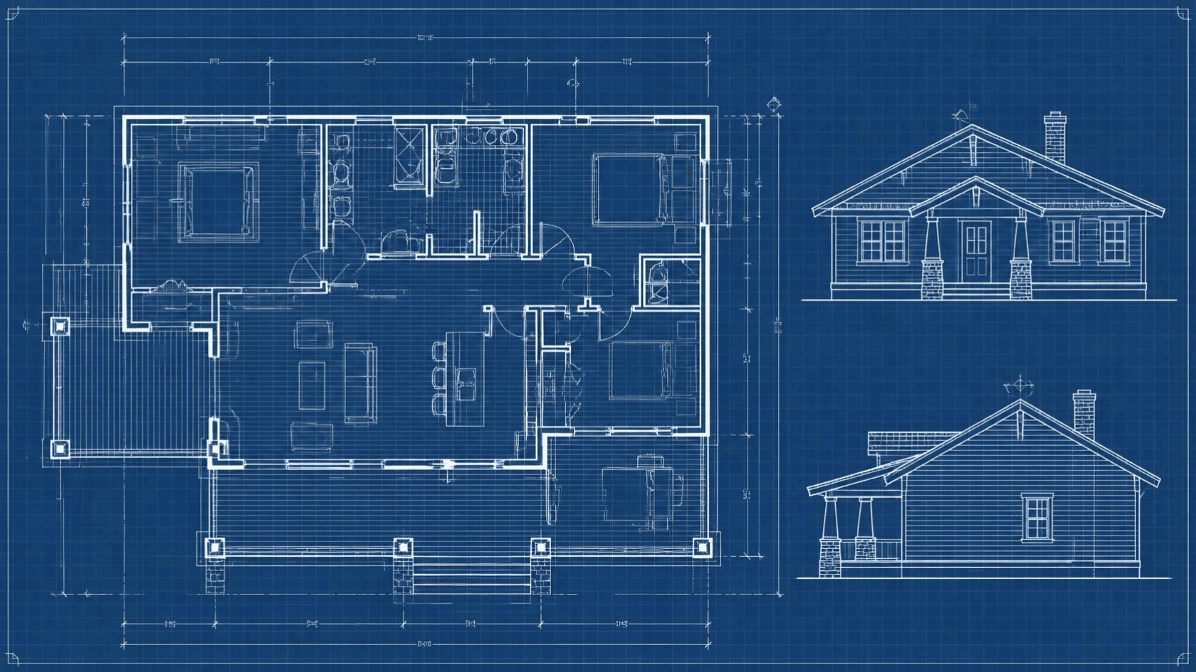Craftsman house blueprint showing floor plan layout, home elevations, and architectural measurements.