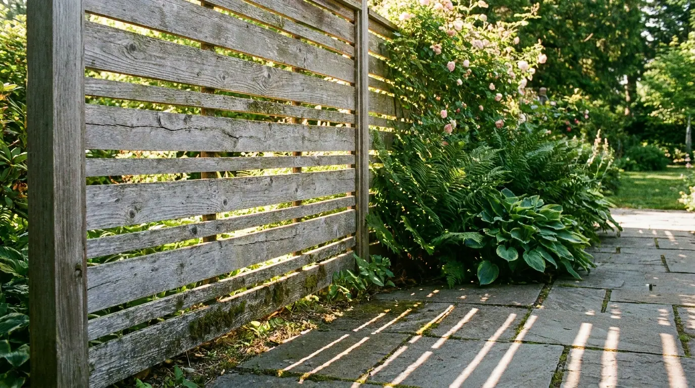 Wooden privacy fence next to stone pathway surrounded by lush green plants and ferns