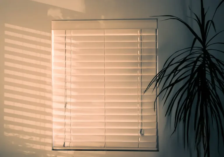 Closed window blinds casting shadows on wall with indoor plant nearby