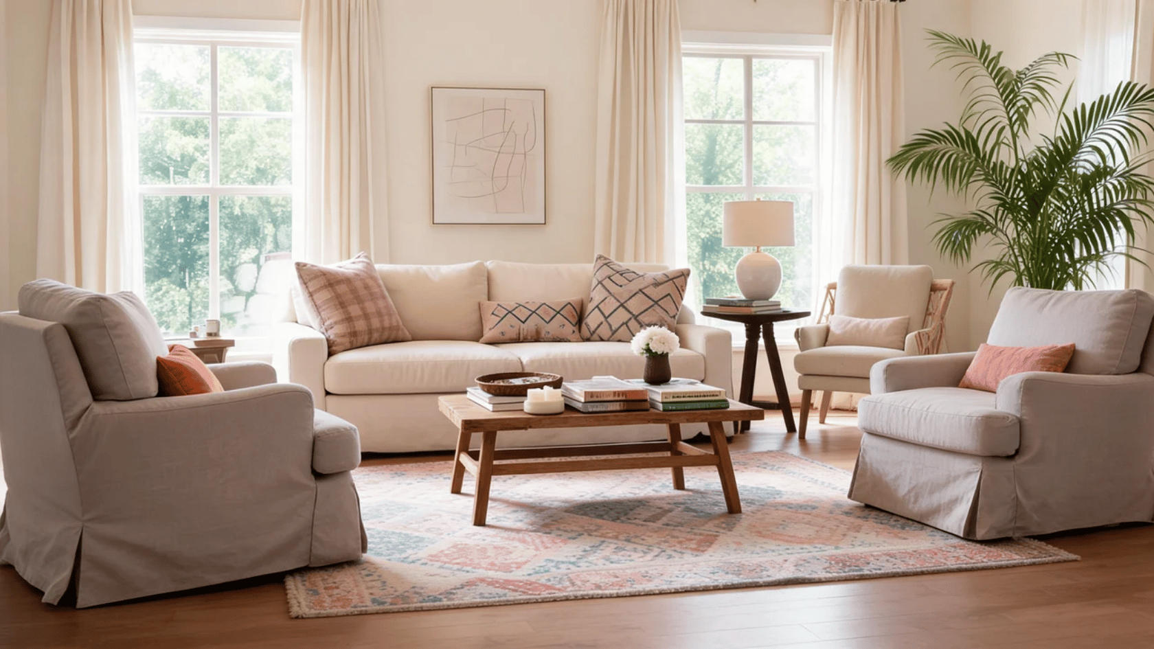 Nancy Meyers aesthetic living room with soft neutrals, cozy seating, and elegant decor.
