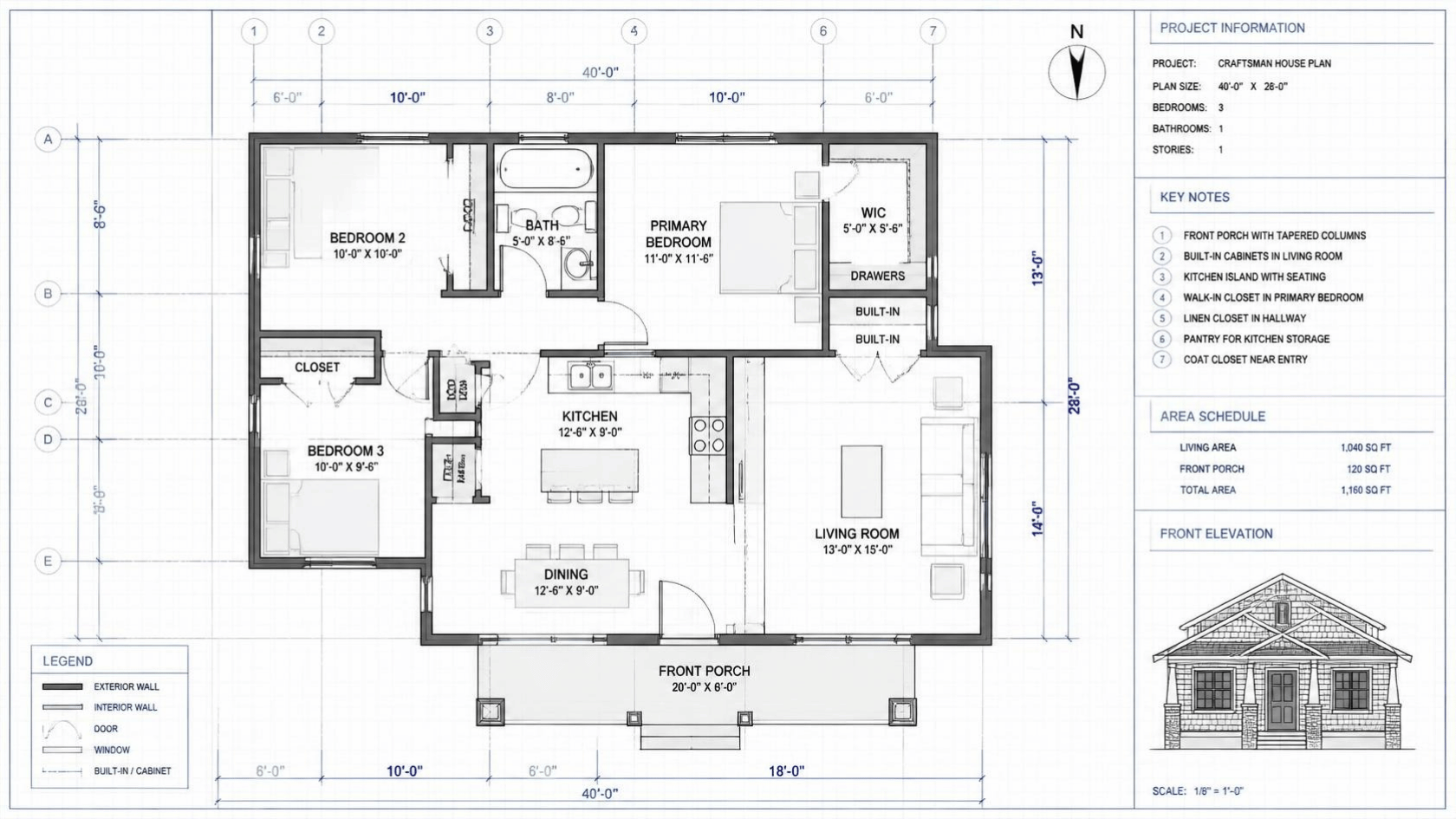 Craftsman house plan blueprint showing room layouts, front porch, dimensions, and architectural elevation details.