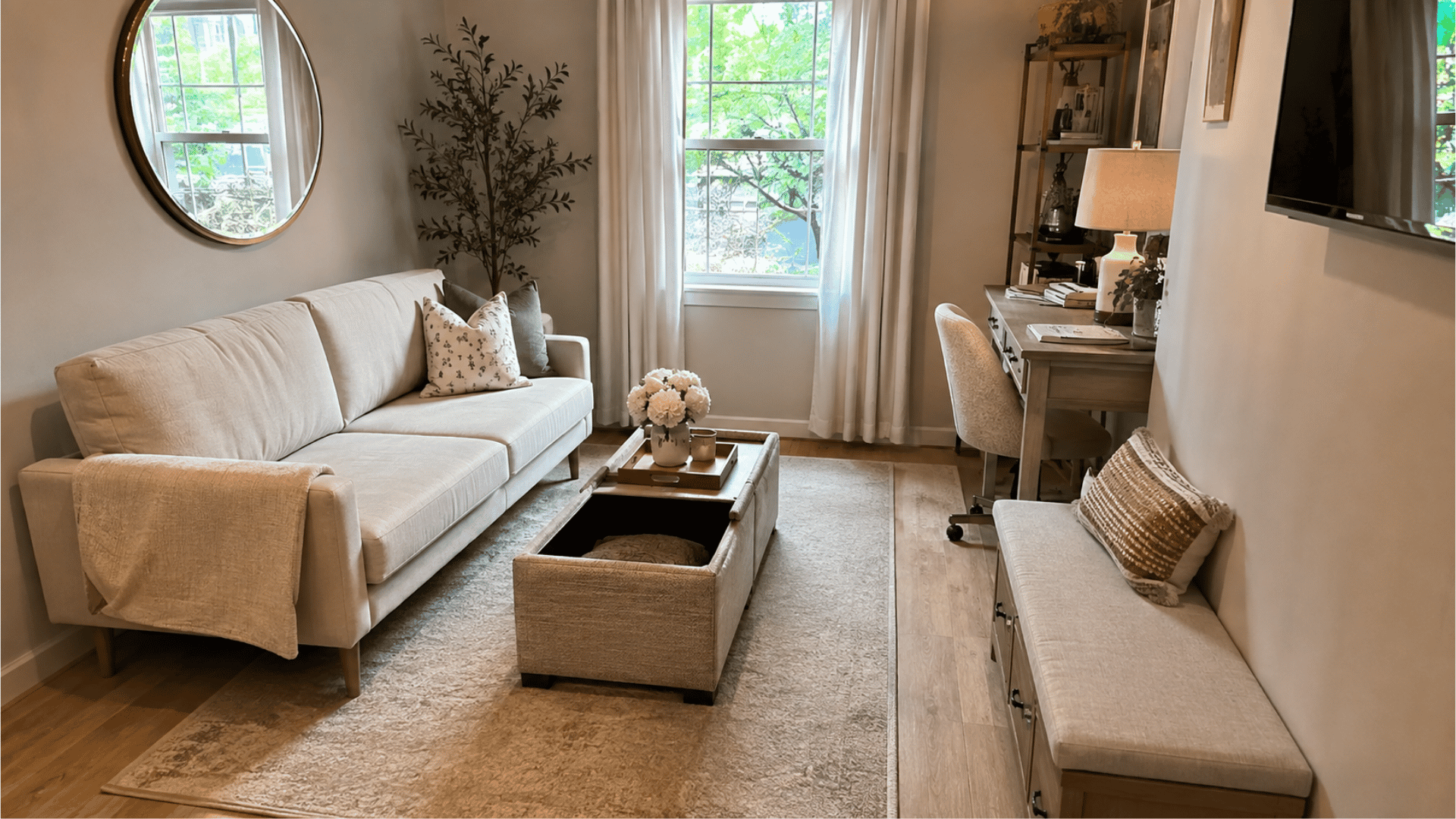 small living room with sofa, storage ottoman, desk, bench, and mirror above corner