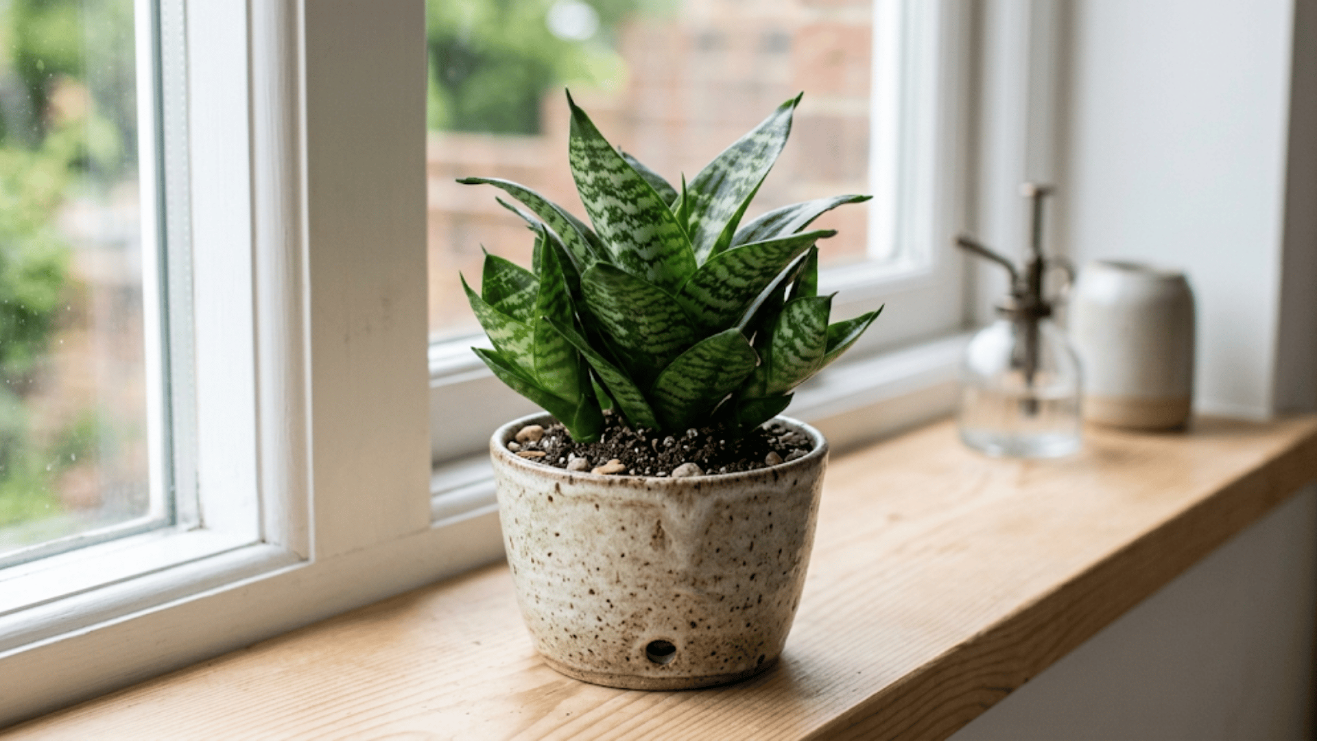Small potted snake plant in a ceramic pot resting on a bright wooden windowsill