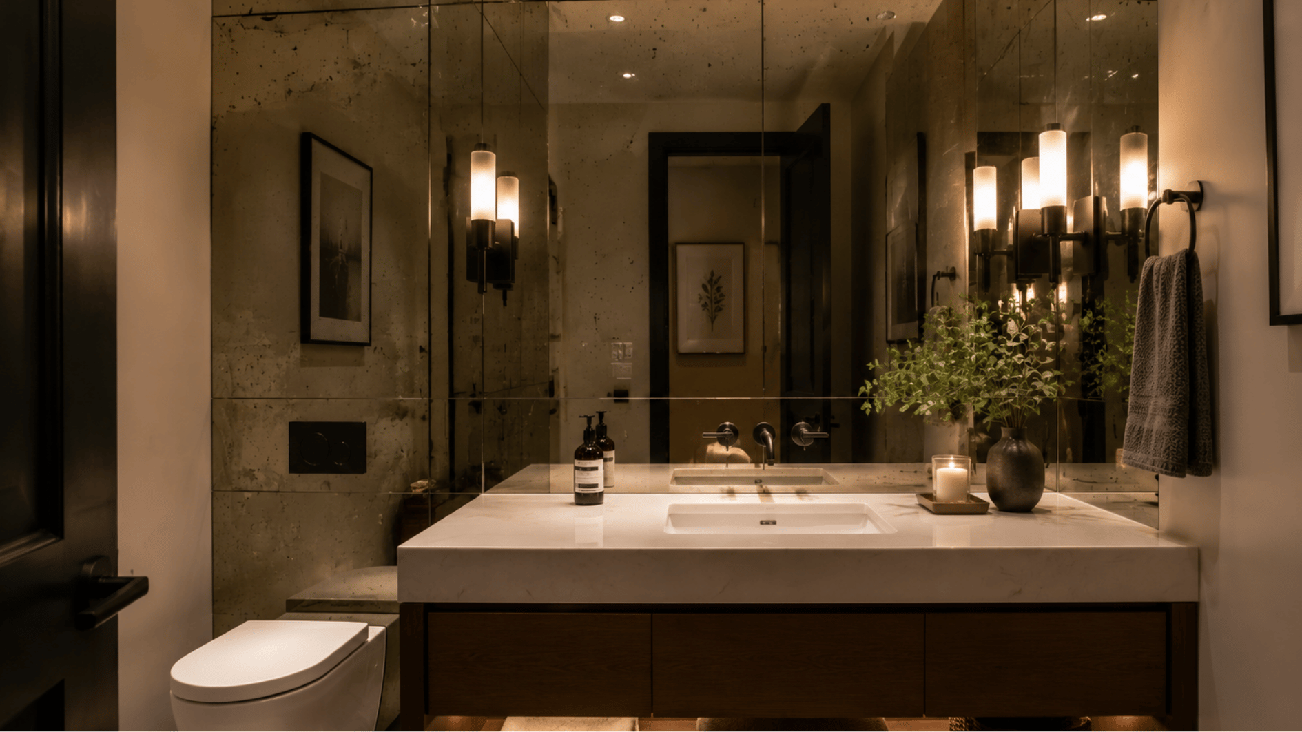 small powder room with smoked mirror accent wall and vanity lighting