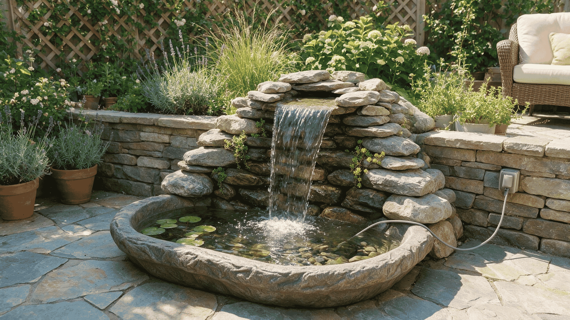 small stone waterfall fountain beside a rustic outdoor sink in a landscaped backyard garden patio area (1)