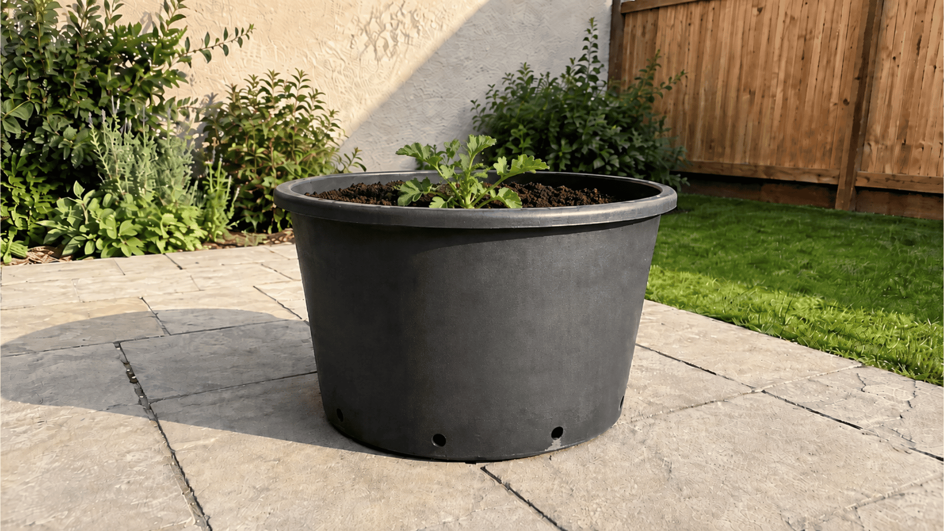 Small watermelon seedling freshly planted in dark soil inside a black container