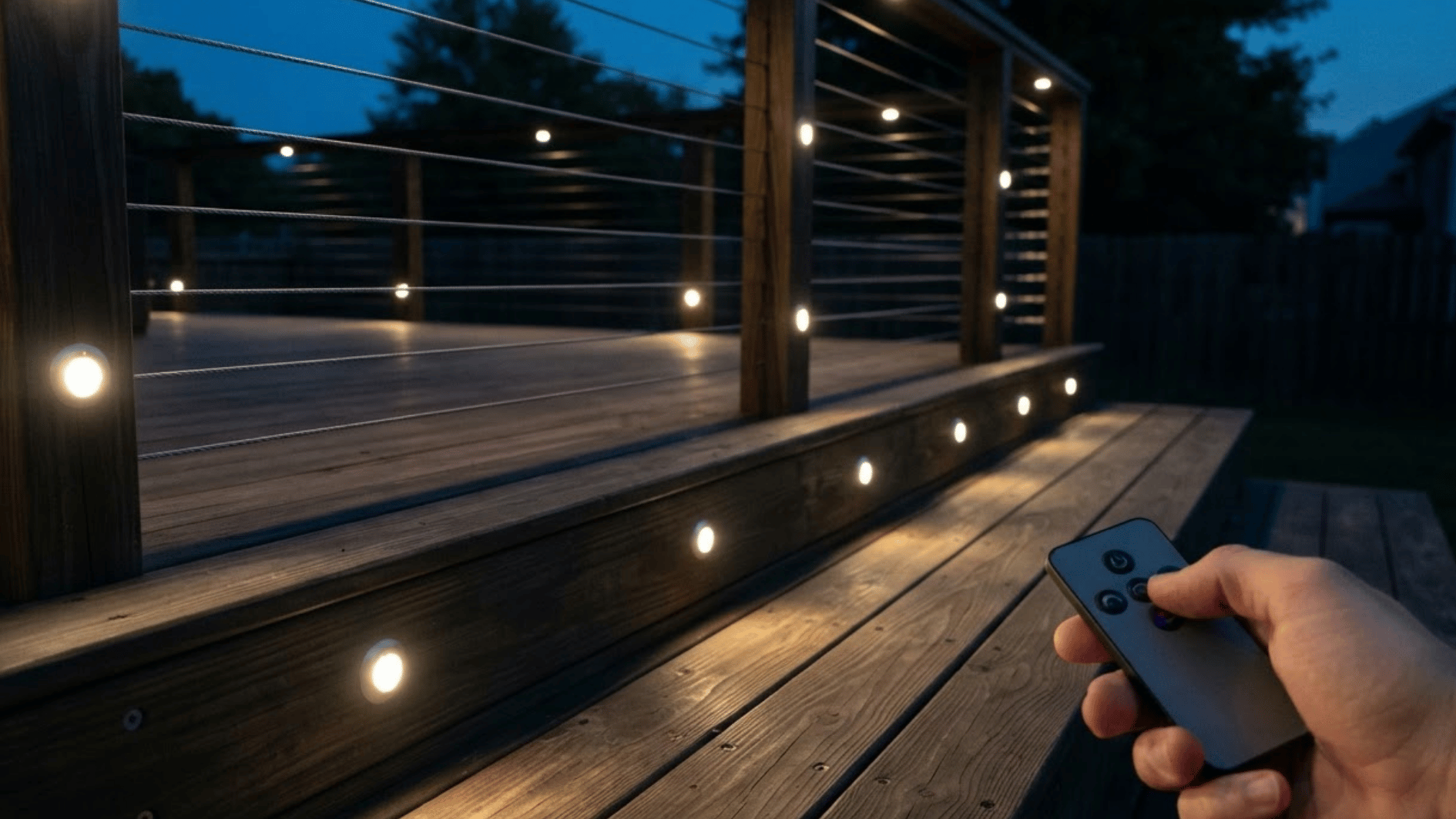 smart controlled deck lighting setup with evenly spaced outdoor fixtures