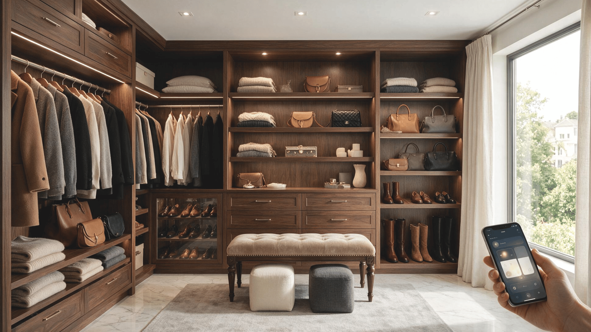 smart lighting system inside a walk in closet controlled with a smartphone in hand